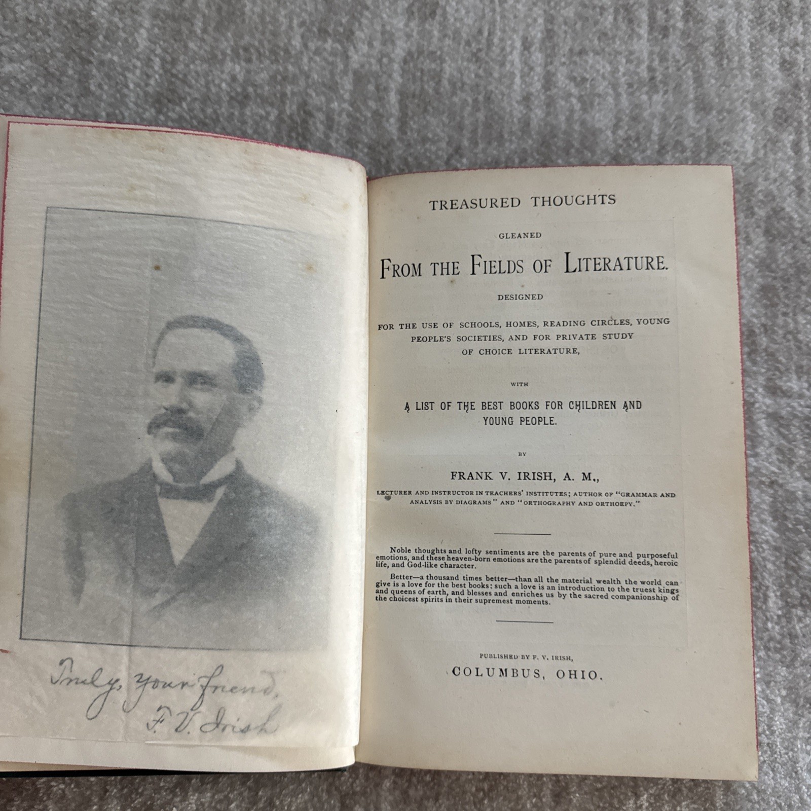 Antique Treasured Thoughts Gleaned From The Fields Of Literature FV Irish, 1892
