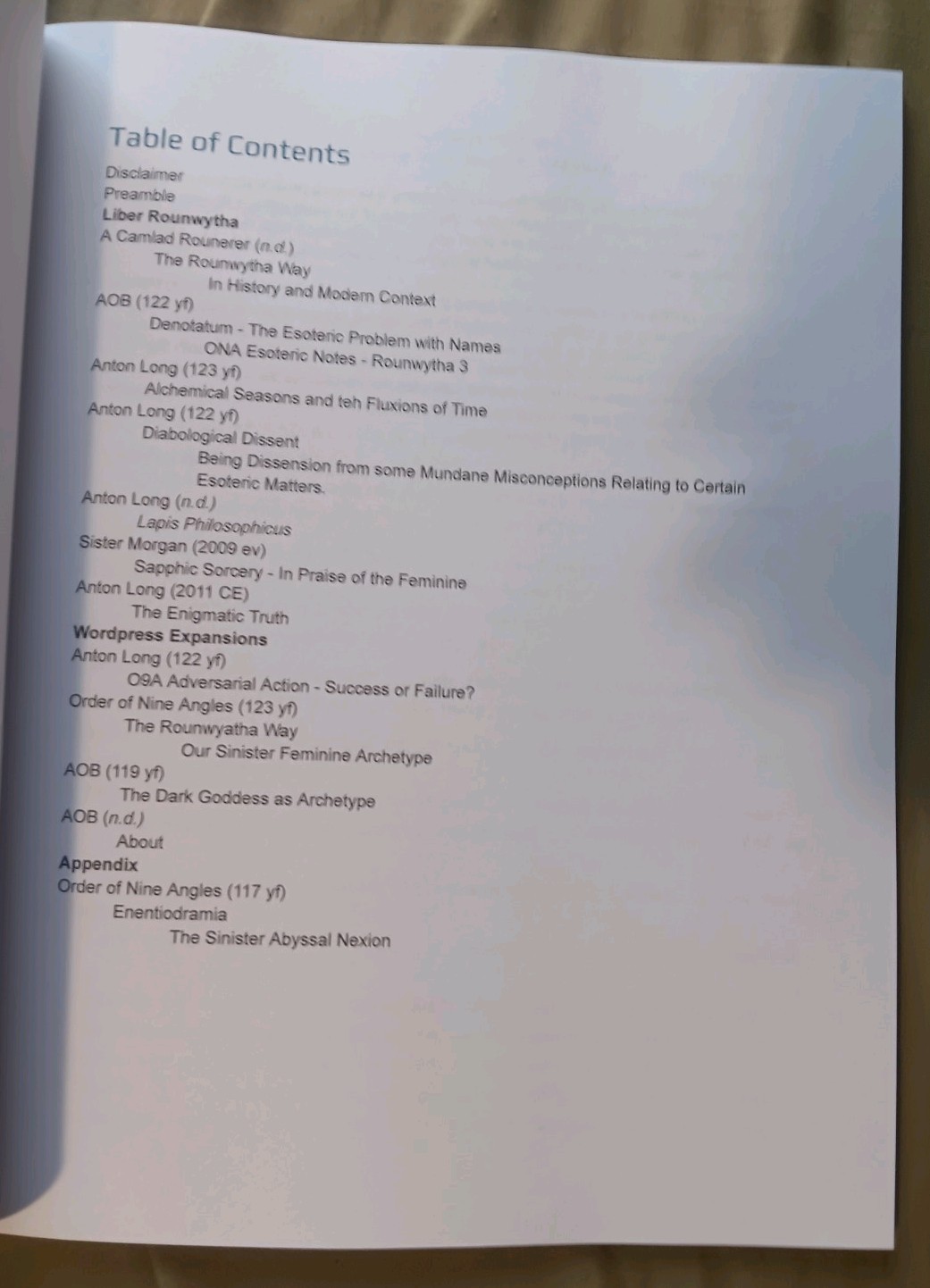 Liber Rounwytha expanded ed. Anton long order of nine angles Satanism ONA/O9a
