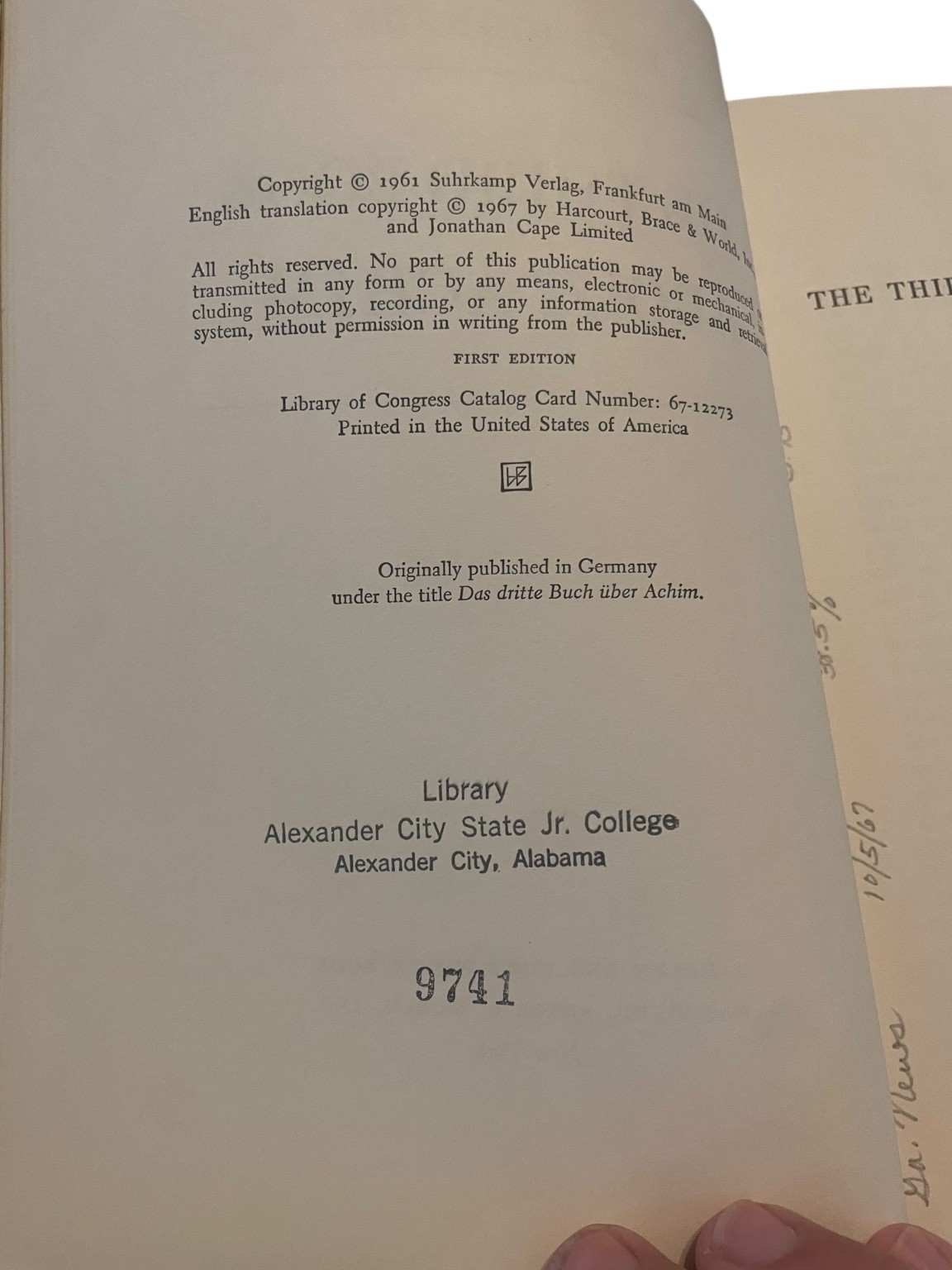 The Third Book About Achim Uwe Johnson 1967 First Edition Fiction Harcourt