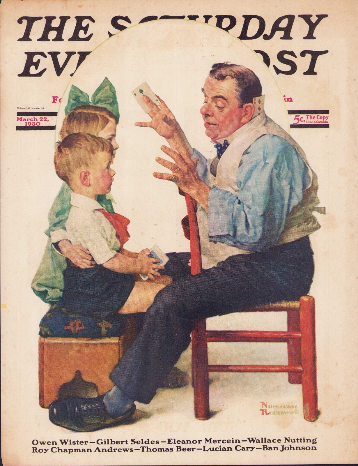 MAR 22 1930 Card Trick Magic NORMAN ROCKWELL SE POST ORIG COVER ONLY #1