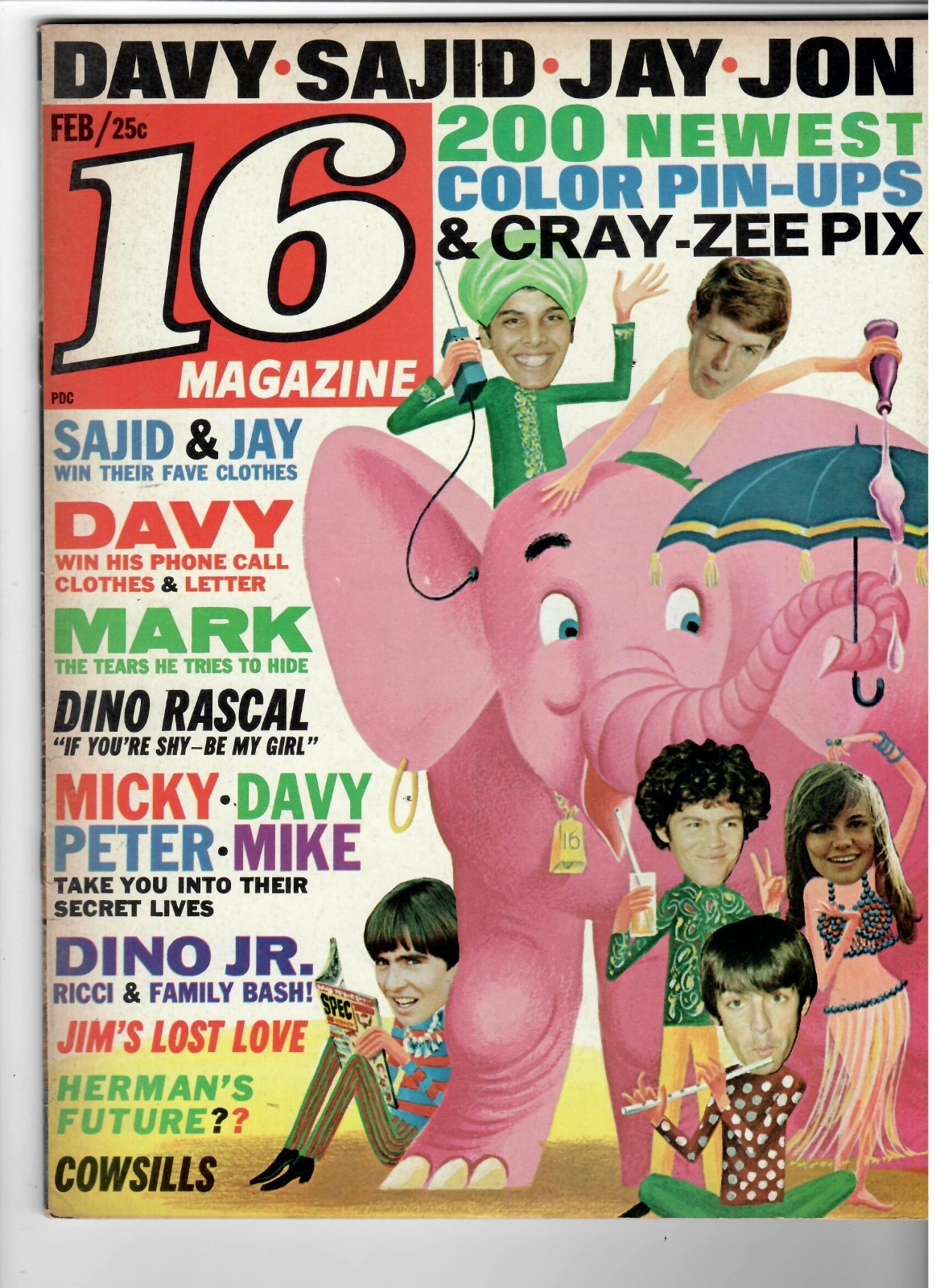 Vintage 16 Teen Magazine Feb. 1968 Monkees, Jim Morrison, Twiggy, Beatles, More
