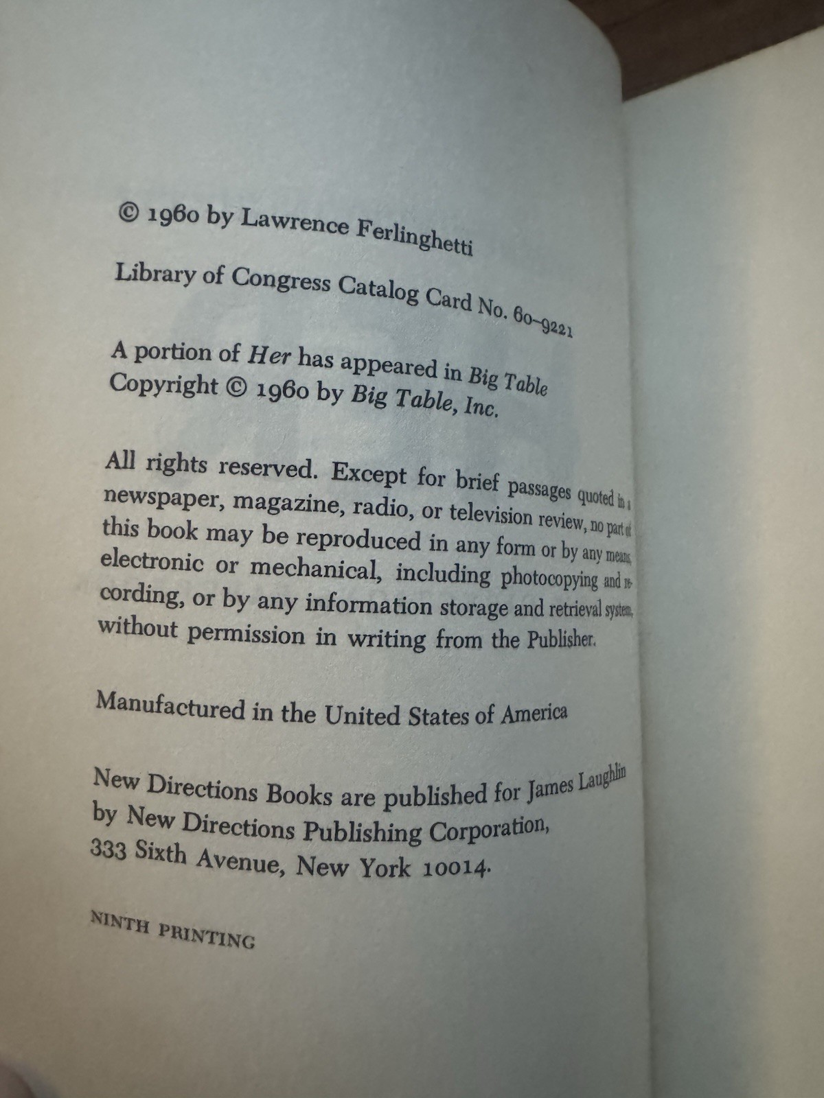 Lawrence Ferlinghetti Her New Directions Paperback Ninth Printing 1960