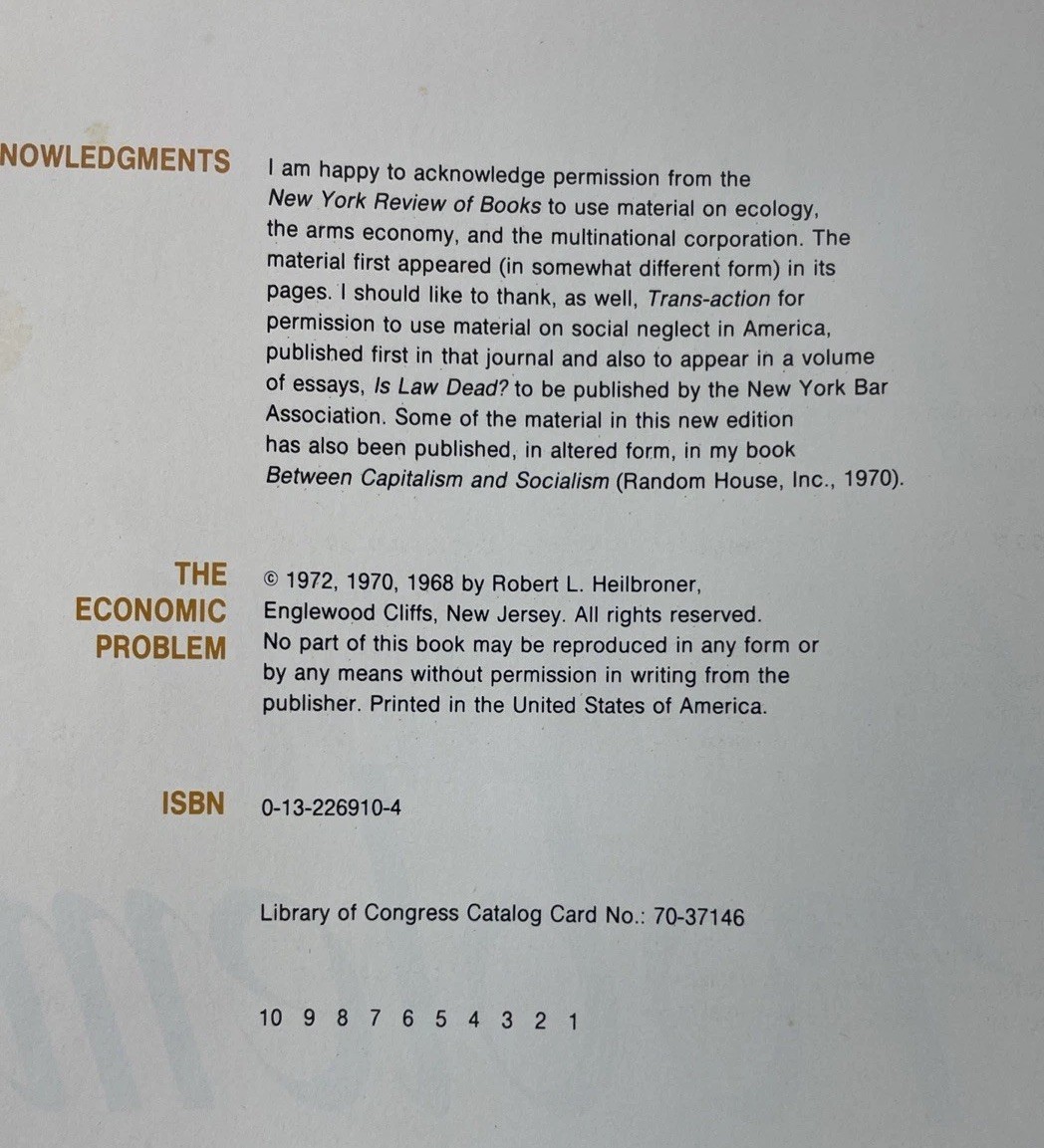 The Economic Problem, Robert L. Heilbroner, Hardback, Text Book 3rd Ed 1972