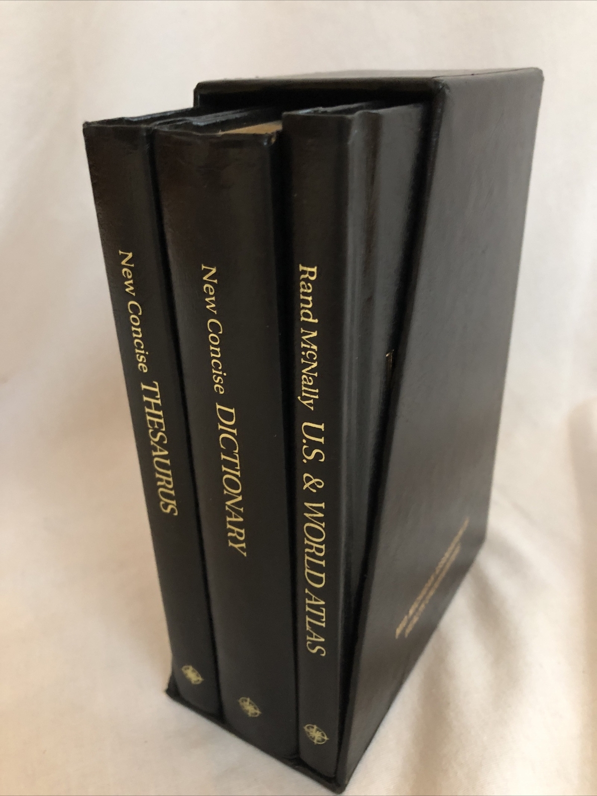 Set of 3 books Dictionary, World Atlas and Thesaurus 7 inches tall in holder