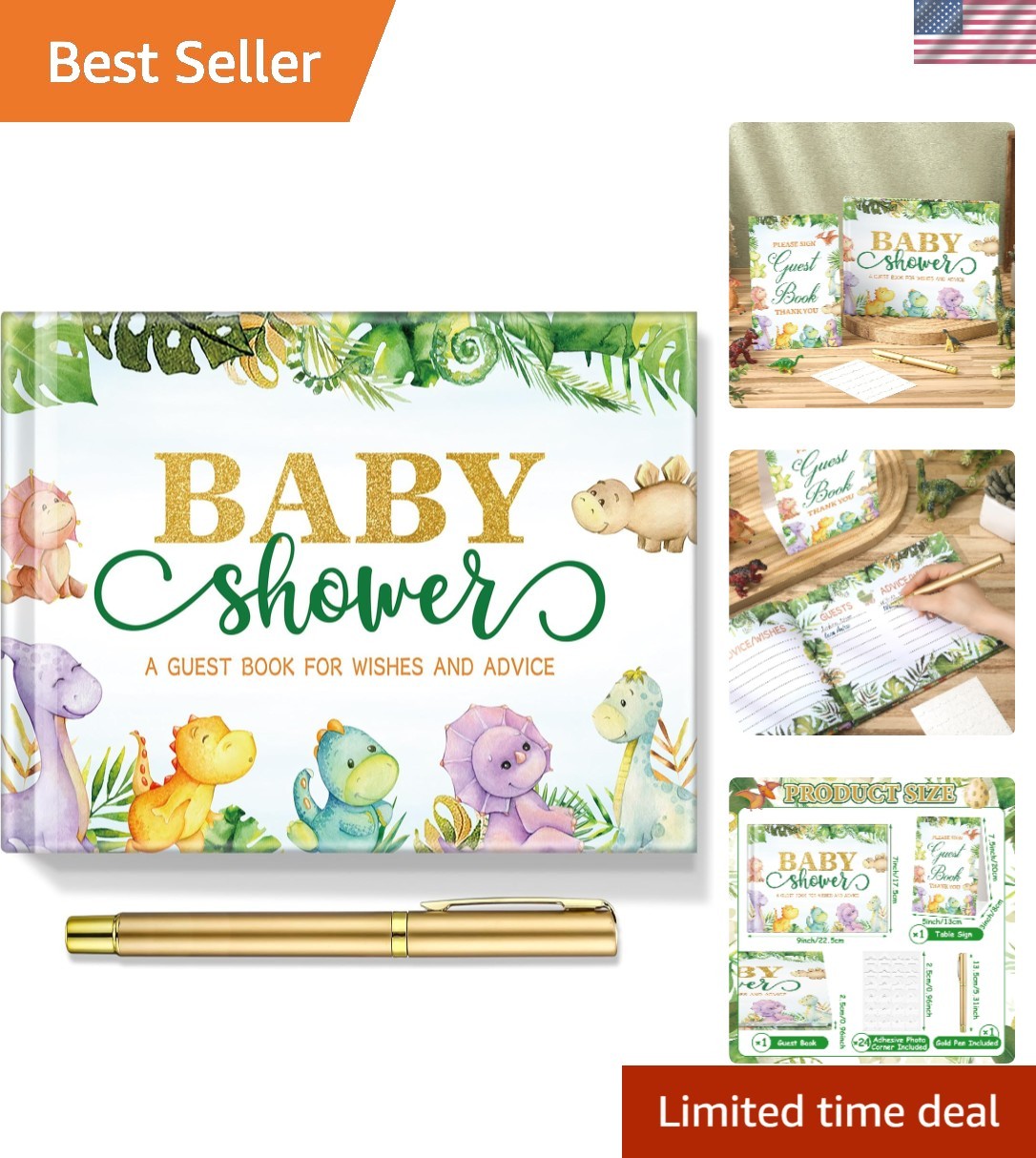 Dinosaur Baby Shower Guest Book with Gold Pen & Photo Corners – Elegant Keepsake