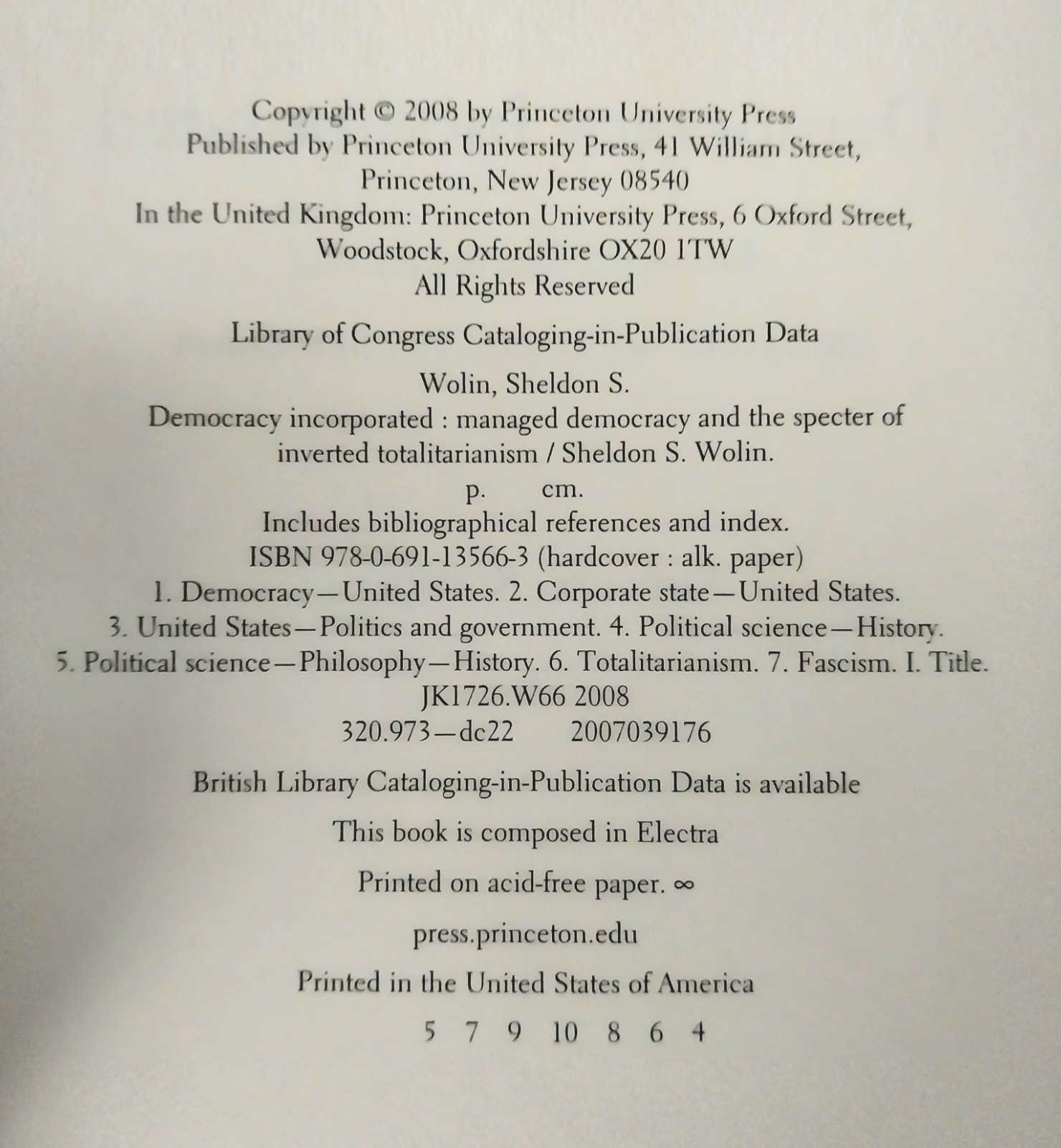 Sheldon S. Wolin – Democracy Inc. – Princeton University Press 4th Printing