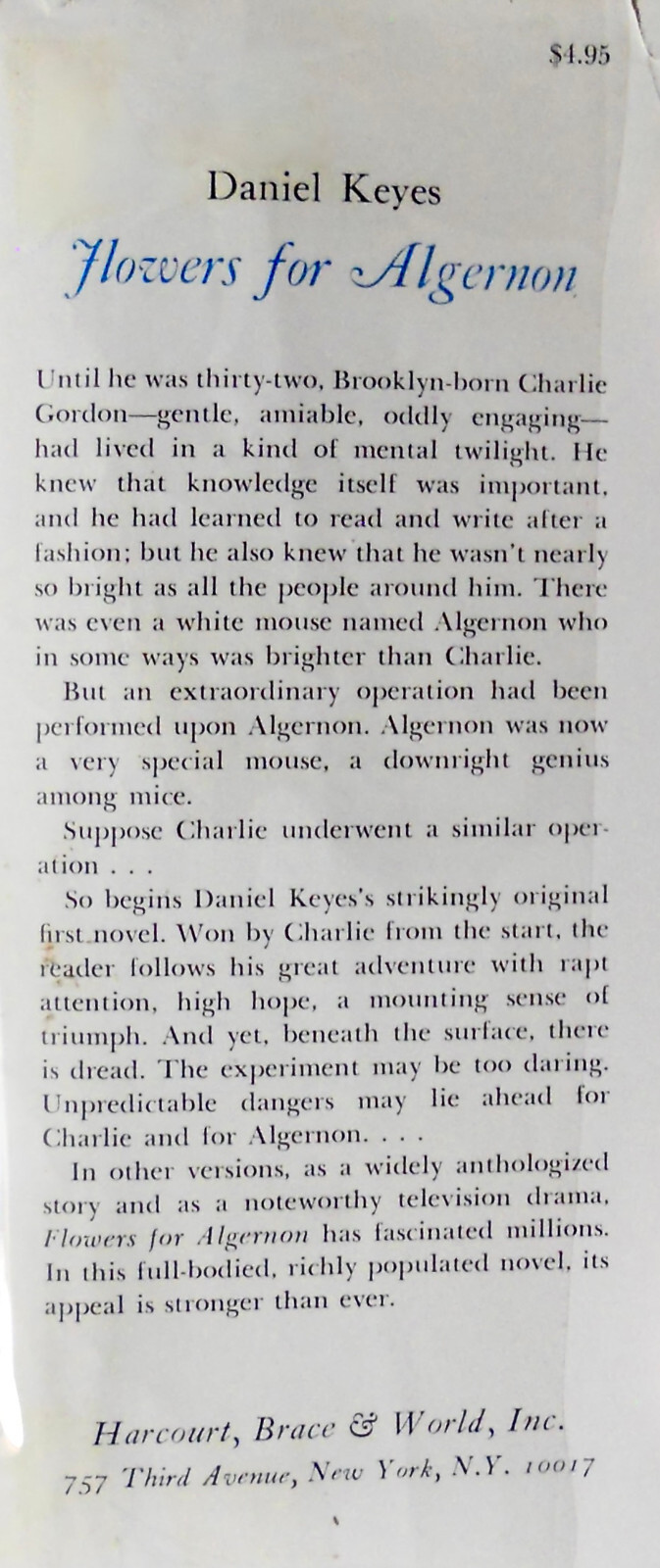 Daniel Keyes. FLOWERS FOR ALGERNON. Harcourt, 1966. 1st HC/DJ. 1967 Nebula Win!