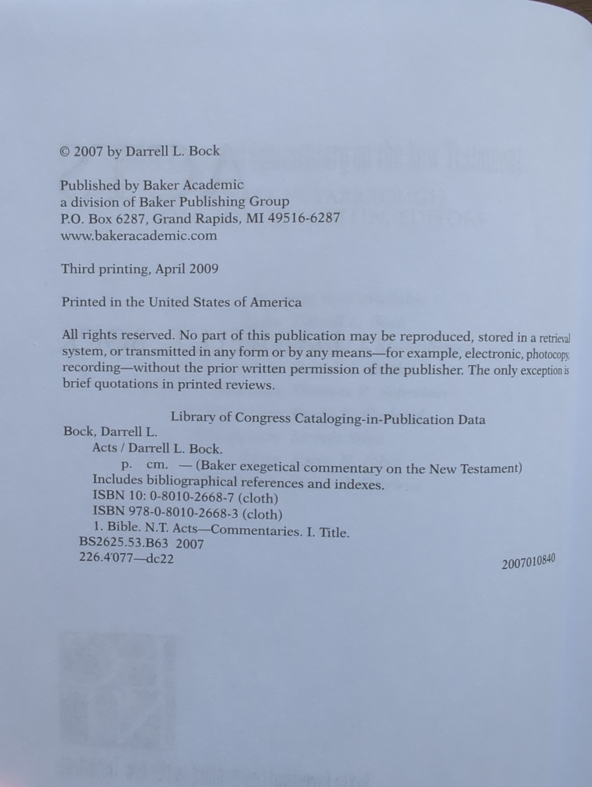 Acts Baker Exegetical Commentary on the New Testament Darrell L Bock 2007