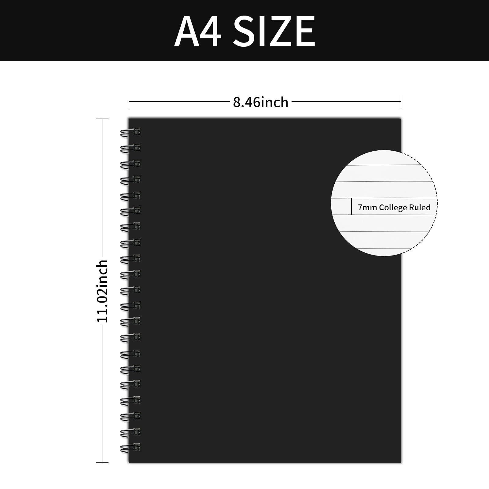 Lined Spiral Notebook A4 Large Black Journal 8.5″ X 11″-4 Pack 7Mm College Ruled