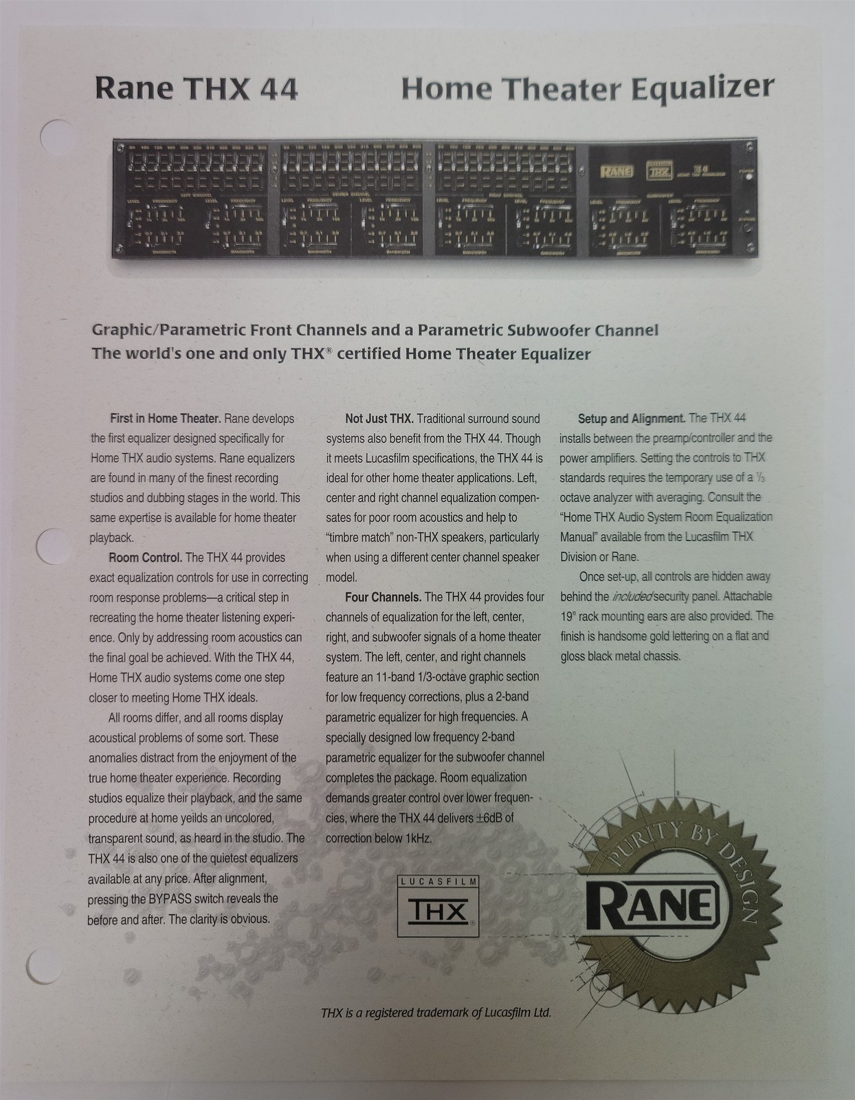 1990’s Rane THX 44 Home Theater Equalizer Brochure Pamphlet & Specs Lucasfilm