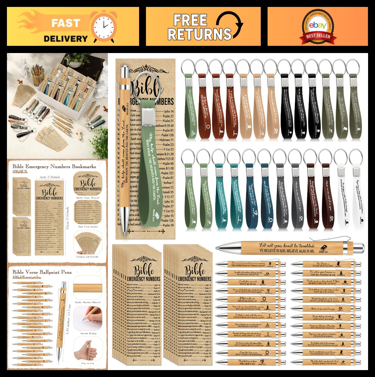 100 Sets Christian Gifts – Bible Verse Bamboo Pens & Silicone Keychains, Easter