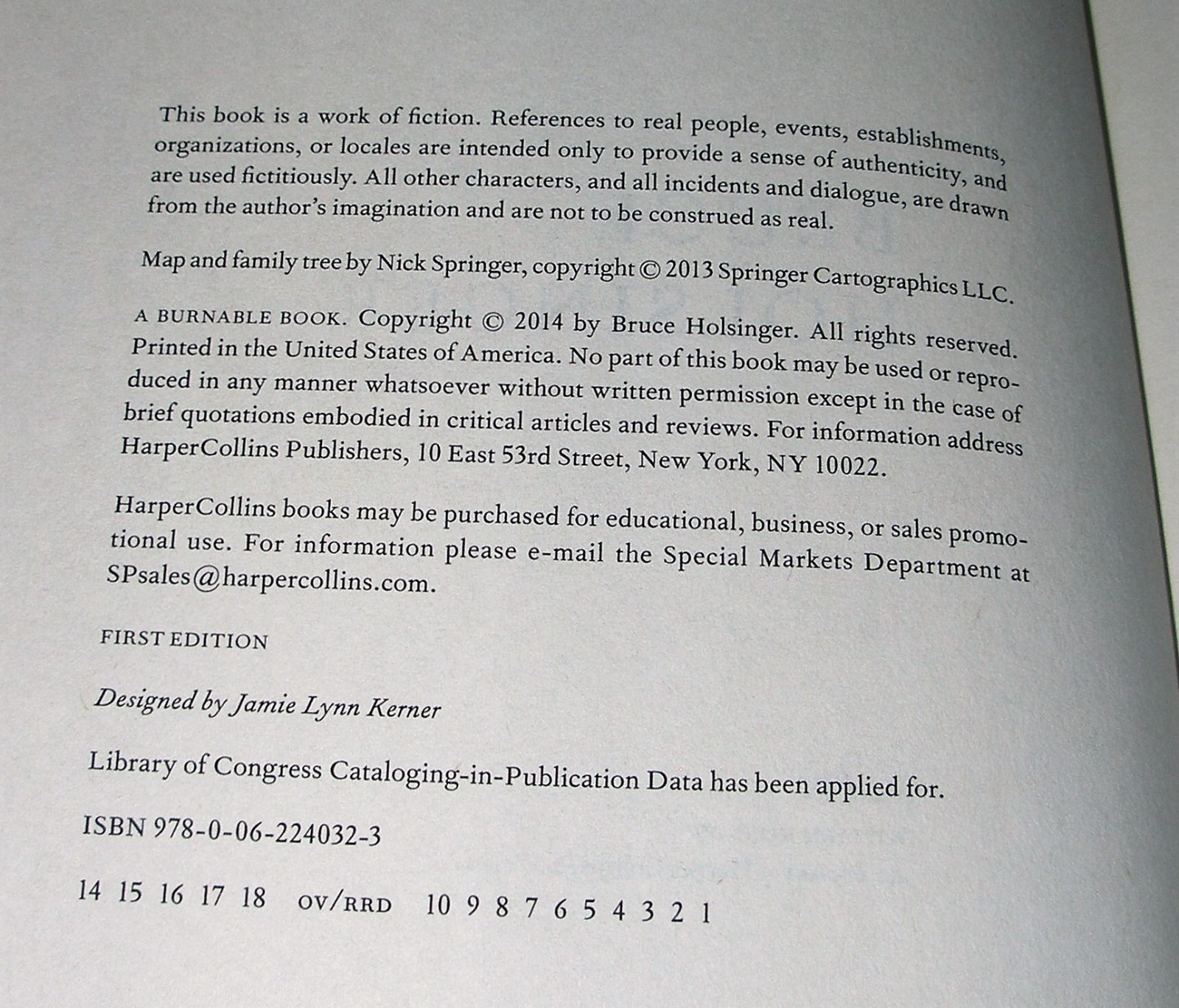 A BURNABLE BOOK by Bruce Holsinger 2014 HC/DJ ~ 1st Edition 1st Printing + Cover