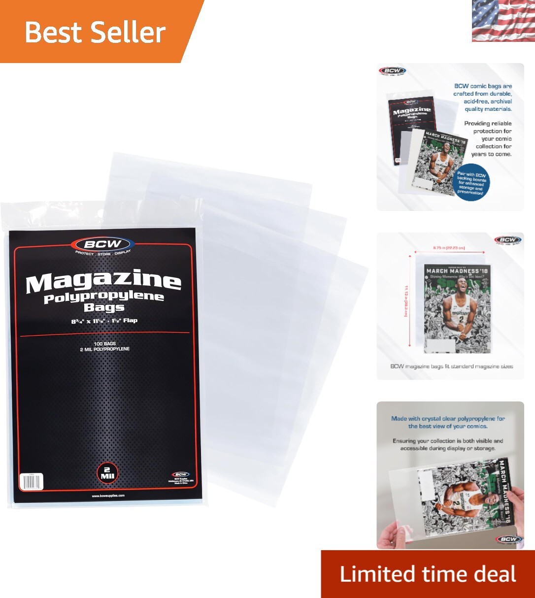 Universal Fit Magazine Bags – 100 Acid-Free Sleeves for Magazines & Comics