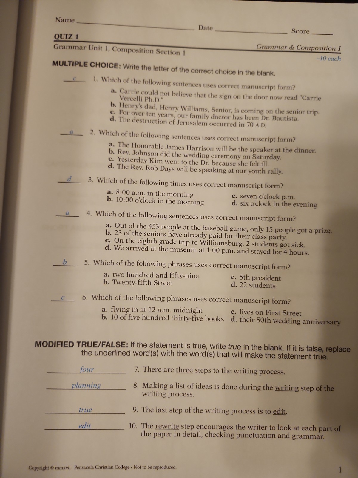 Abeka Grammar & Composition 1 Sixth Edition Teacher Quiz/Test Key