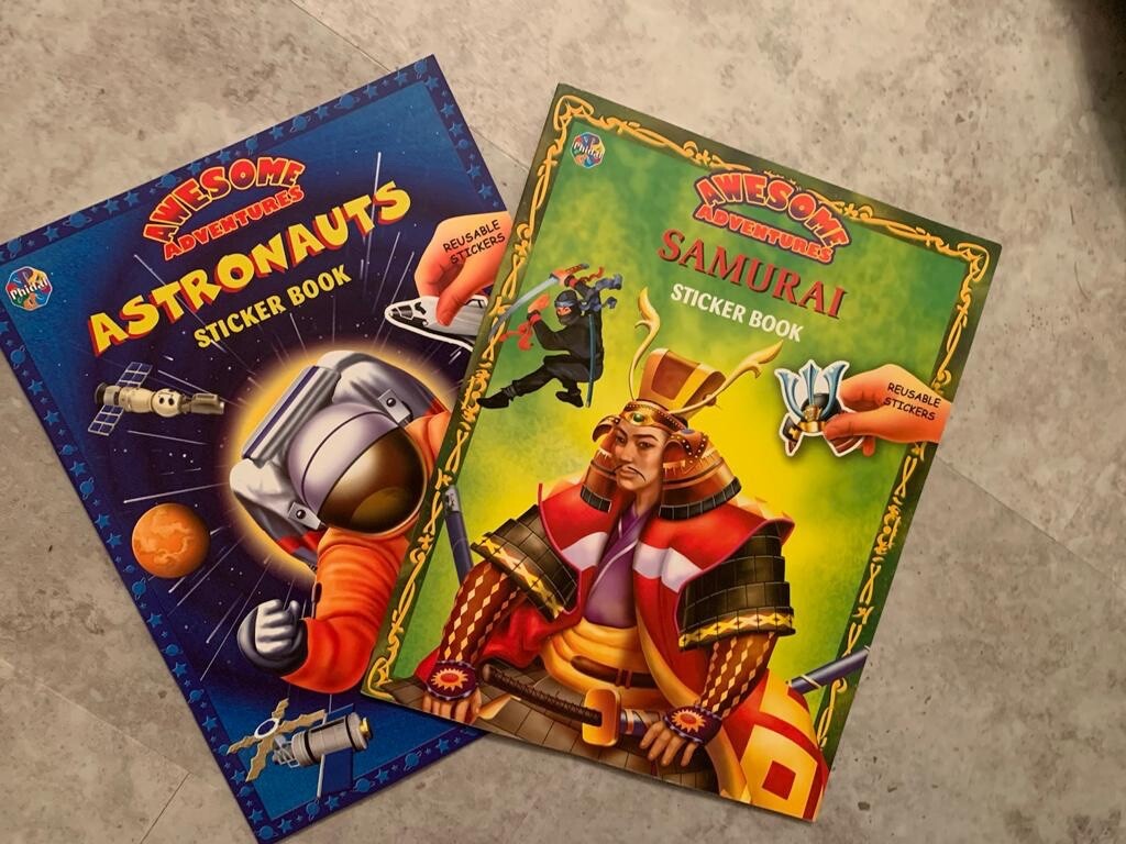 2 Awesome Adventures Reusable Sticker Book – ASTRONAUTS & SAMURAI. Unused!
