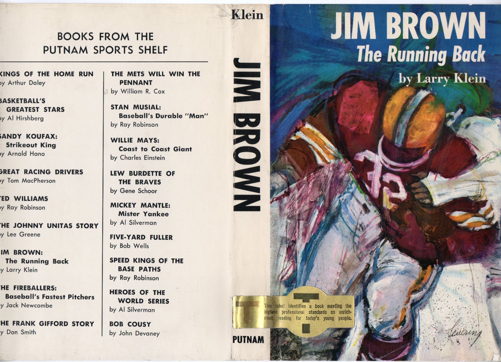 JIM BROWN The Running Back by Larry Klein 1st ed dj Putnam Sports Shelf Series
