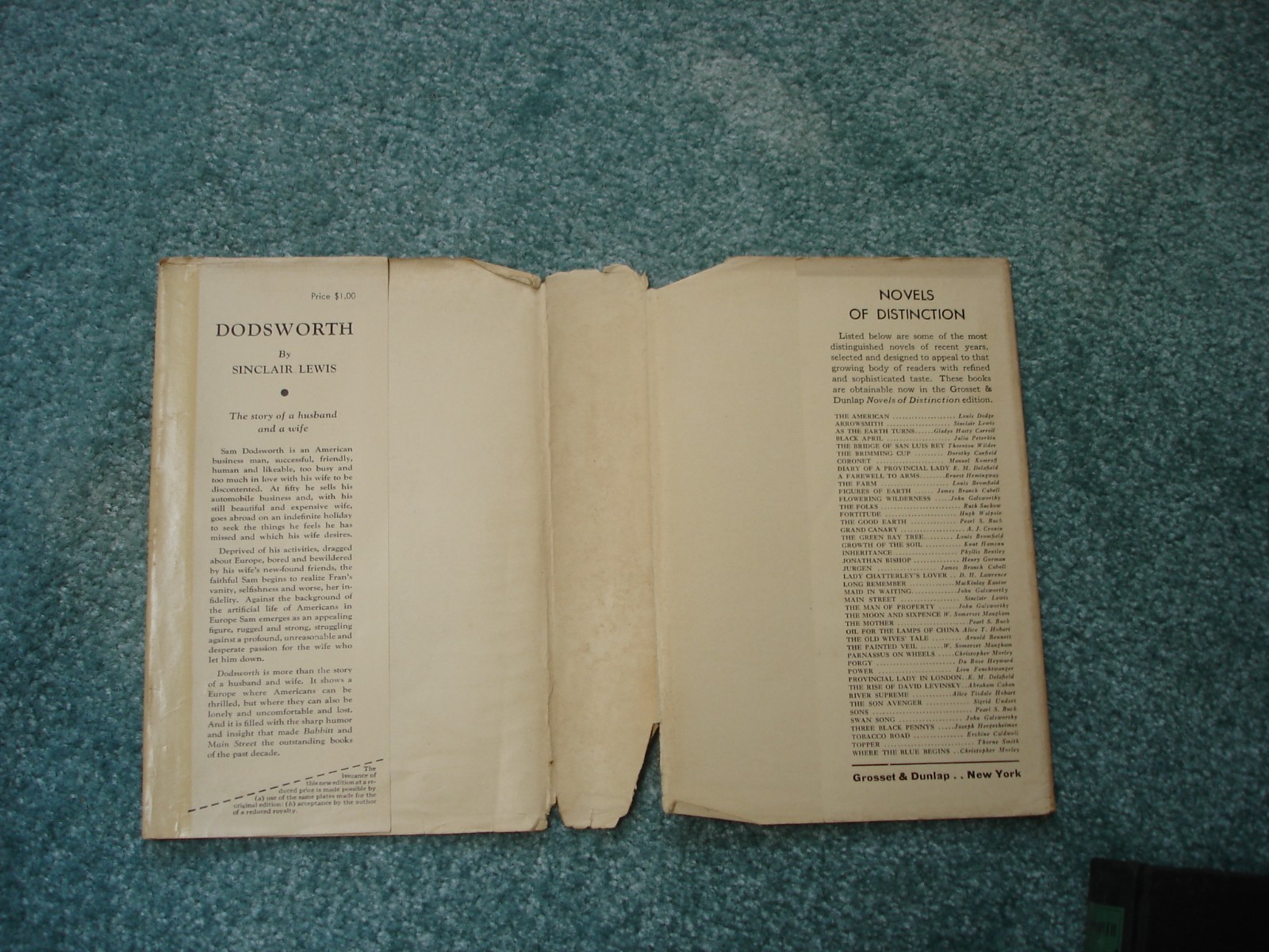 Dodsworth Sinclair Lewis Grosset & Dunlap hardcover 1929 fourth printing w/DJ