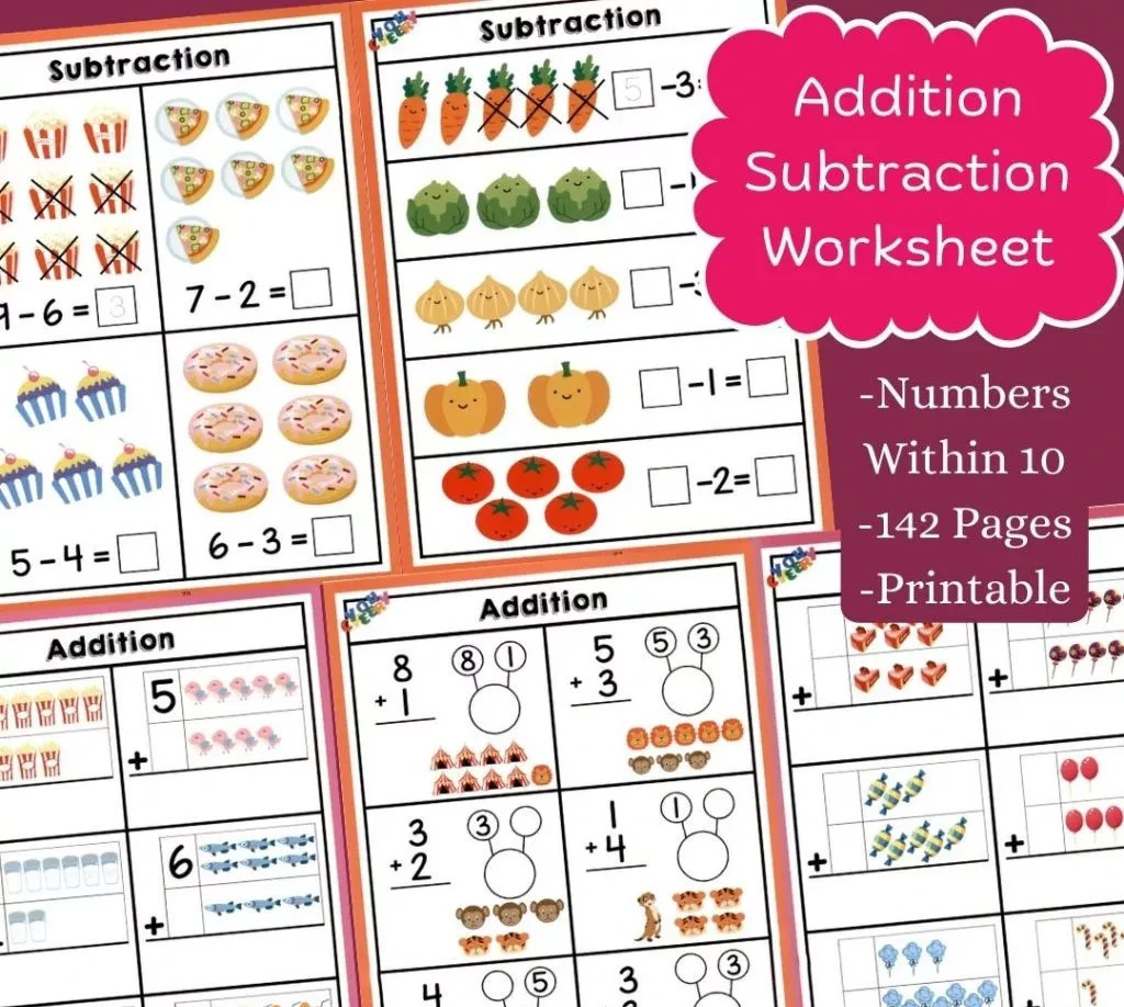Addition & Subtraction Worksheet for Kids (142 Pages) Numbers within 10