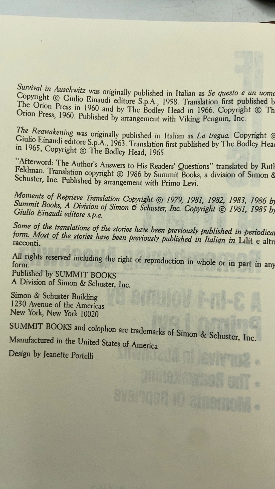 If This Is A Man: Remembering Auschwitz Primo Levi Hardcover 1986