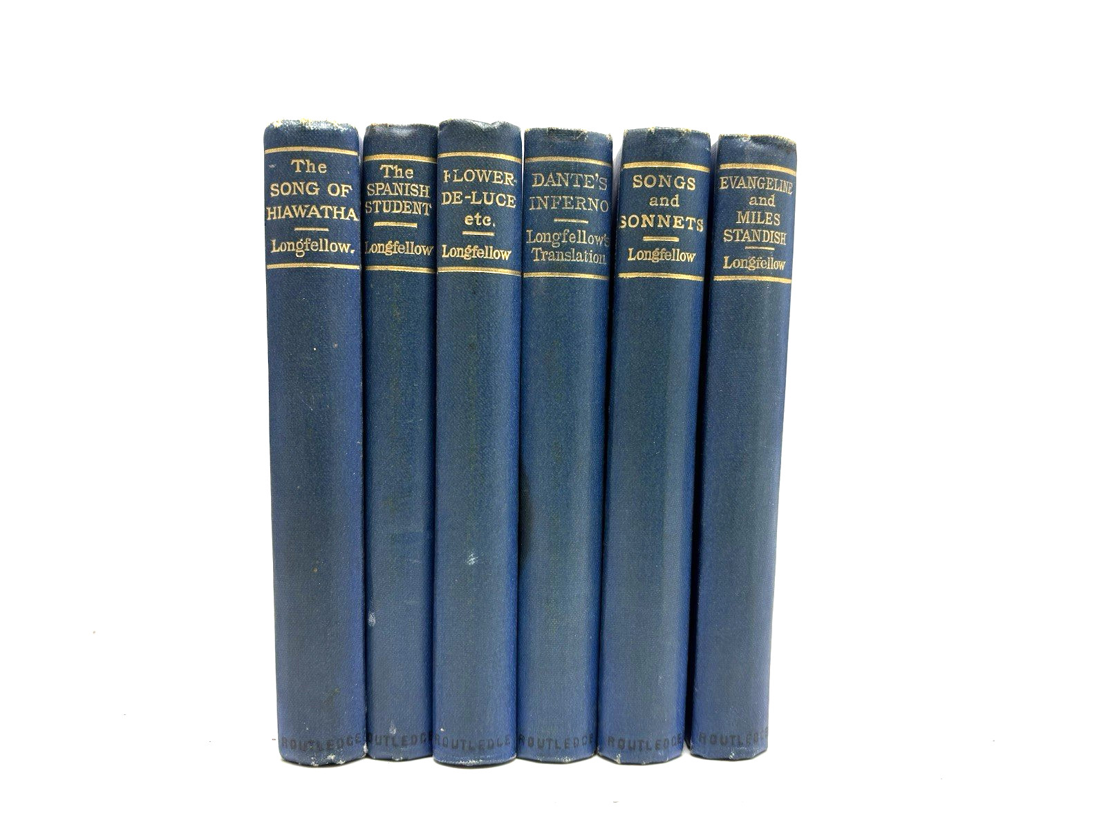 6 Small Decorative Old Blue Books. 11cm shelf space. 13.5cm Tall. Longfellow.