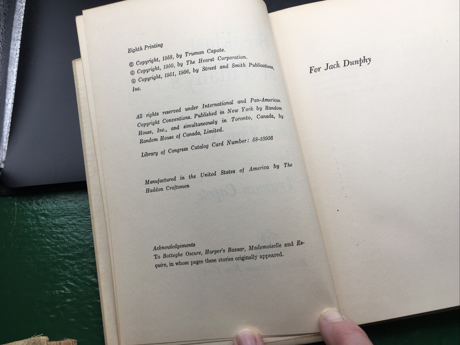 Breakfast at Tiffany’s Truman Capote 1958 Hardcover 8th Printing