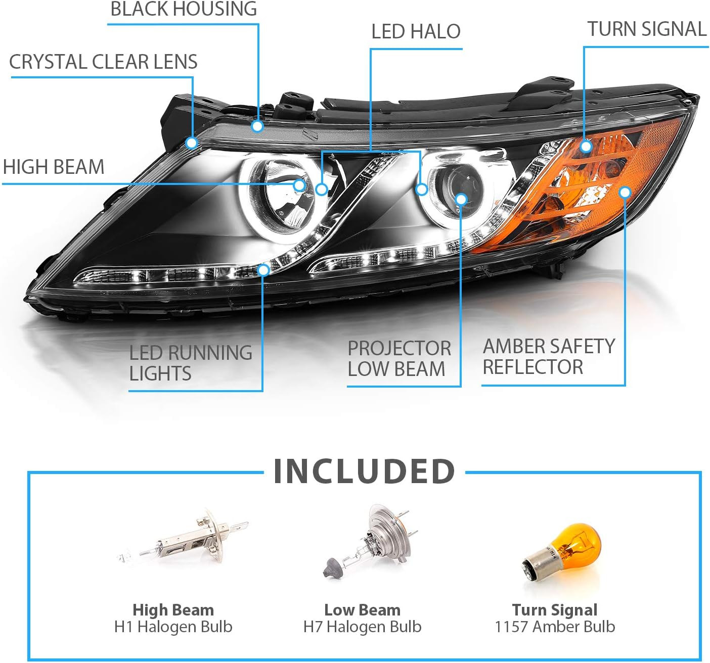for 2011-2015 Kia Optima Halogen Model Xtreme LED Halo Rings Projector Black Rep