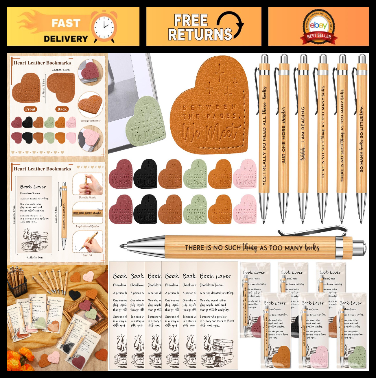24-Piece Book Lover Gift Set – Bamboo Pens, Motivational Cards & Leather Bookmar
