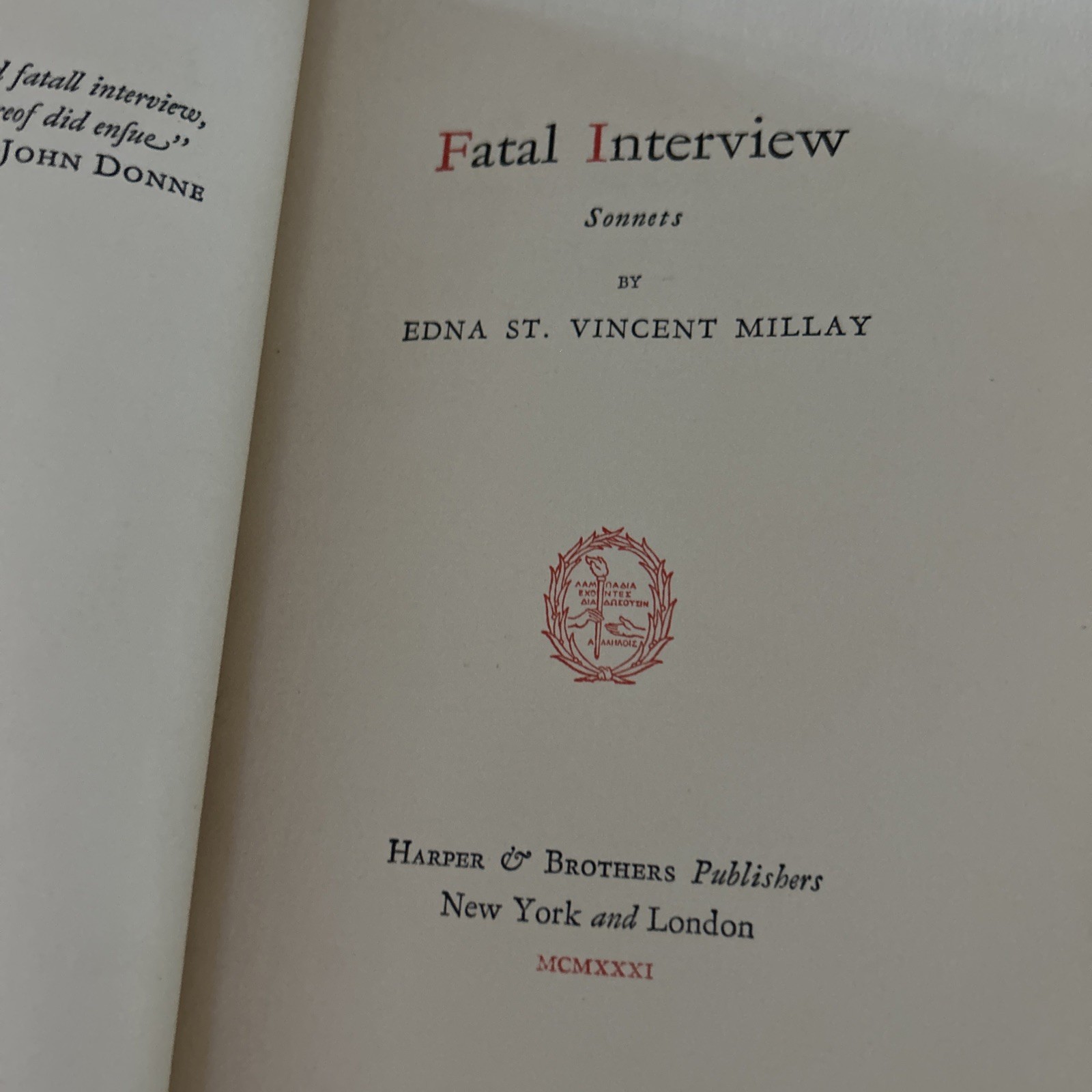 Fatal Interview by Edna St. Vincent Millay FIRST EDITION – 1931 – HC