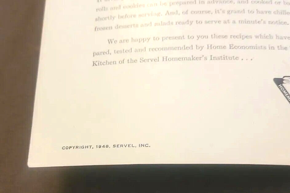 1948 Making the Most of Your SERVEL (Refrigerator) VINTAGE Cook book