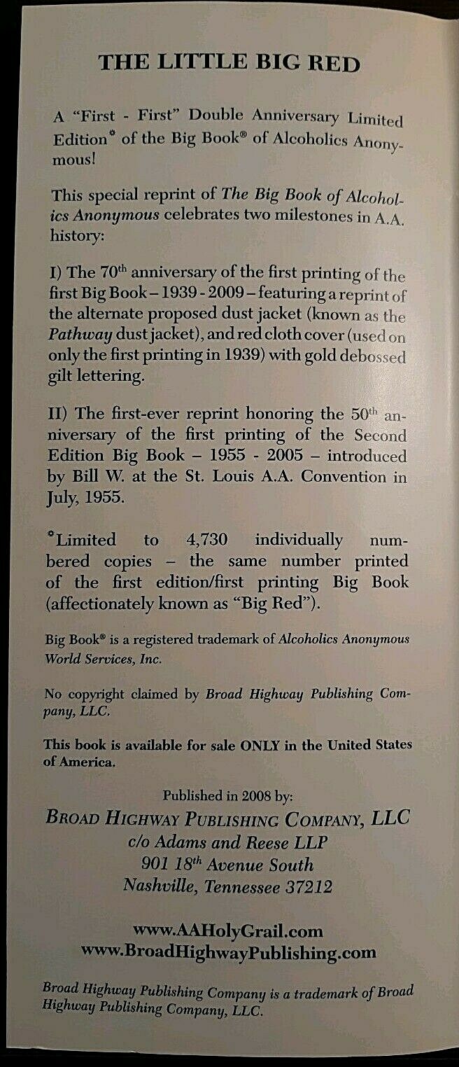 AA ALCOHOLICS ANONYMOUS LTD EDITION Pathway to a Cure BIG BOOK Cover NUMBERED