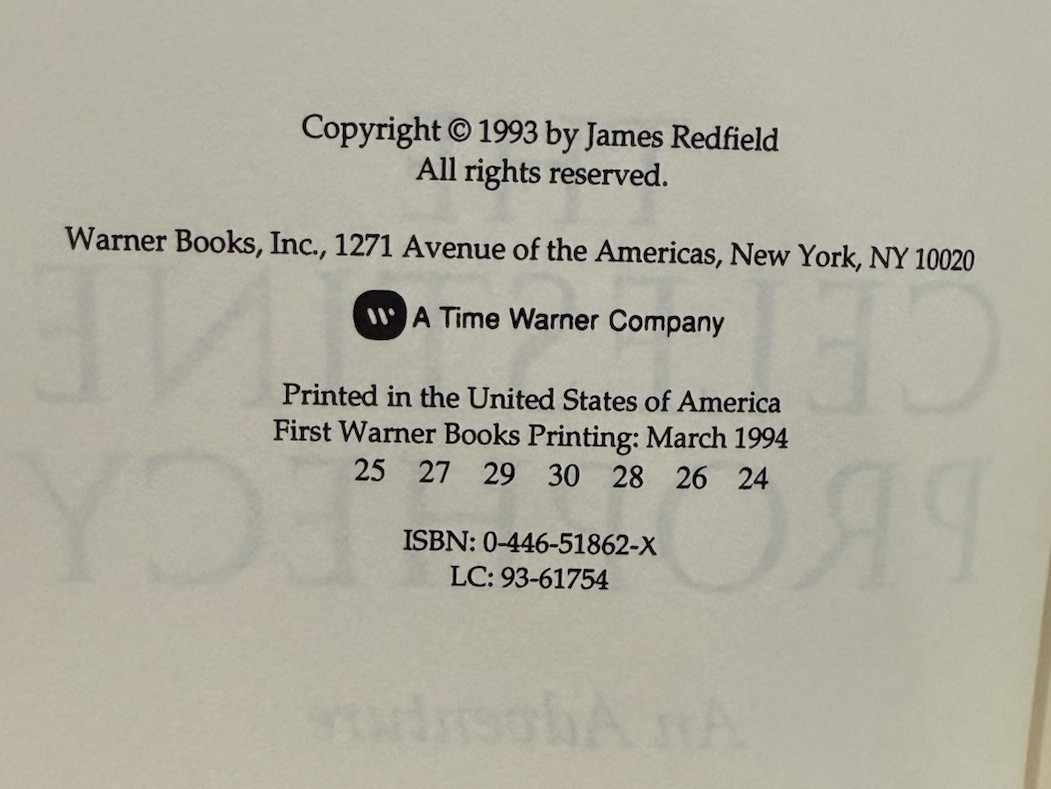 Celestine Prophecy, First Edition HC 1994, James Redfield. Warner Books