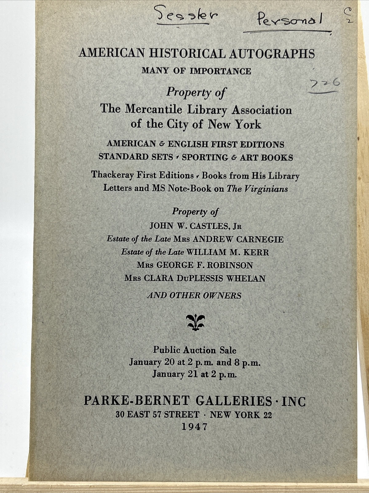 Parke-Bernet Catalog: The Mercantile Library Association Collection of New York
