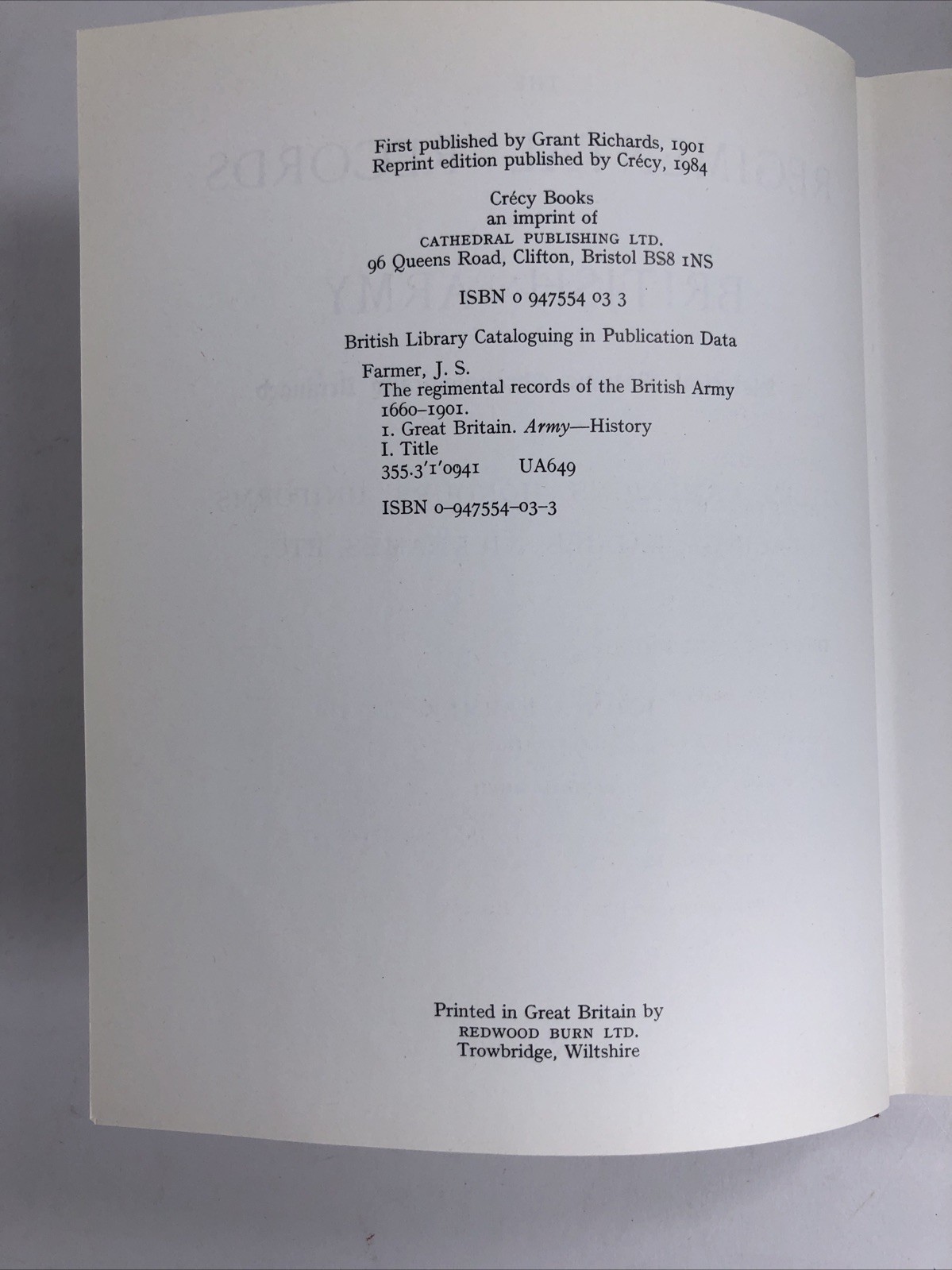 Regimental Records of the British Army (1660-1901) 1984 Reprint John Farmer HCDJ