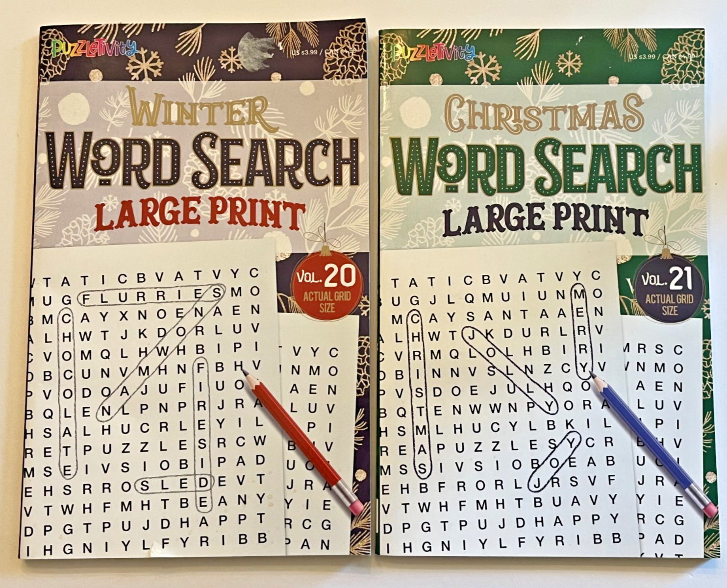 Large Print Word Search Puzzles Lot of 2 Paperbacks, Christmas & Winter