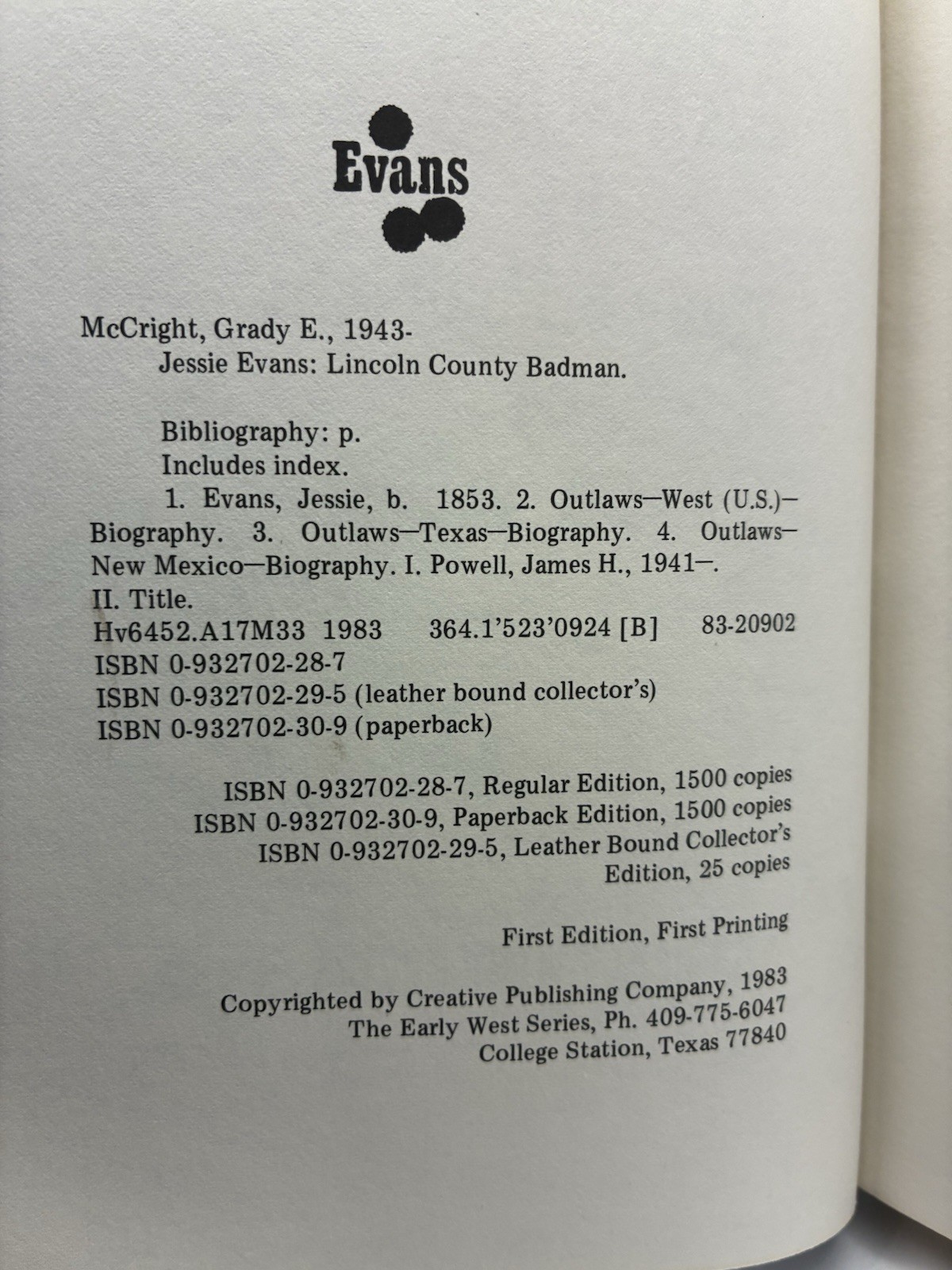 SIGNED 1st Print – Jessie Evans : Lincoln County Badman -James Powell G McCright