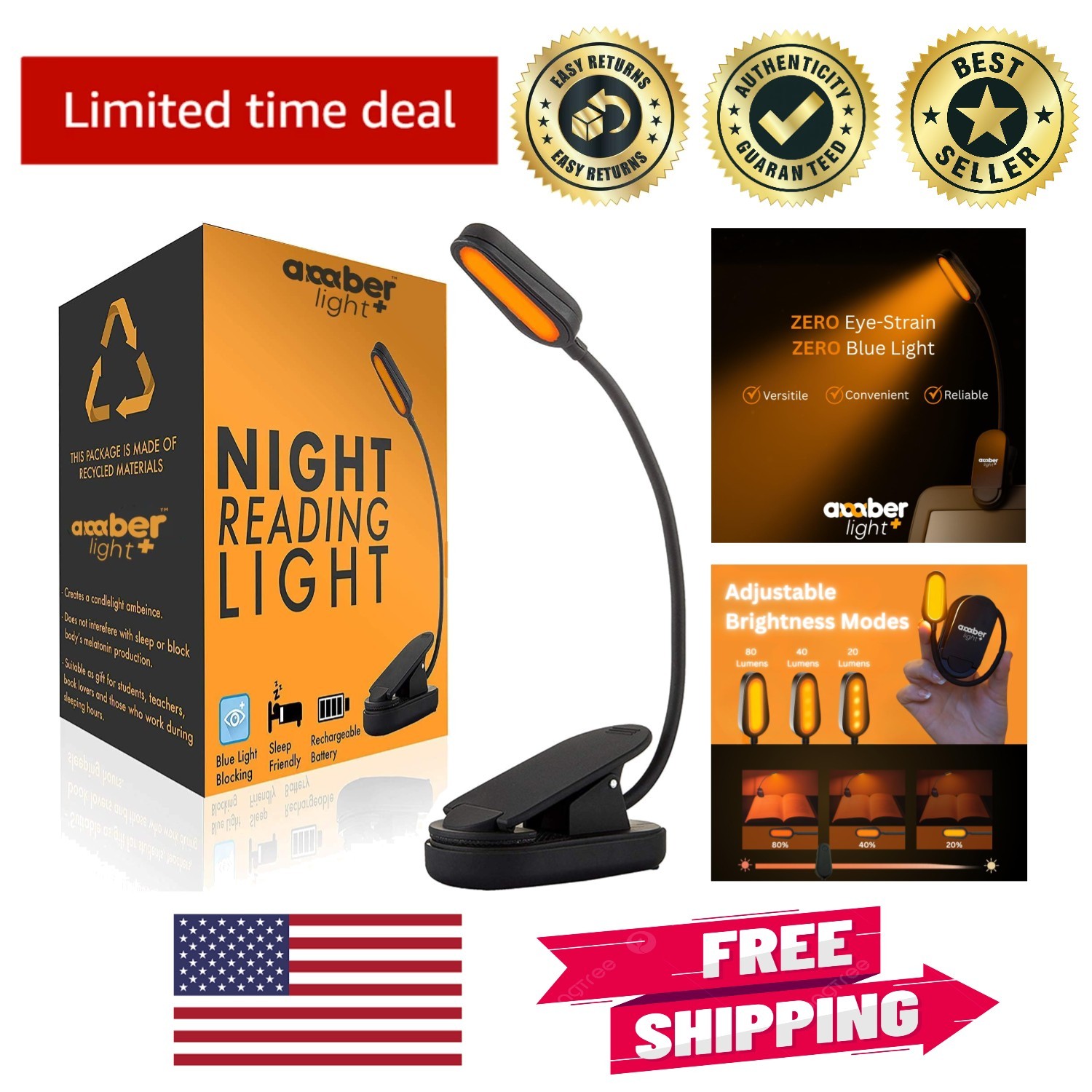 Rechargeable Amber Reading Light – Blue Light Blocking, Perfect Gift for Readers