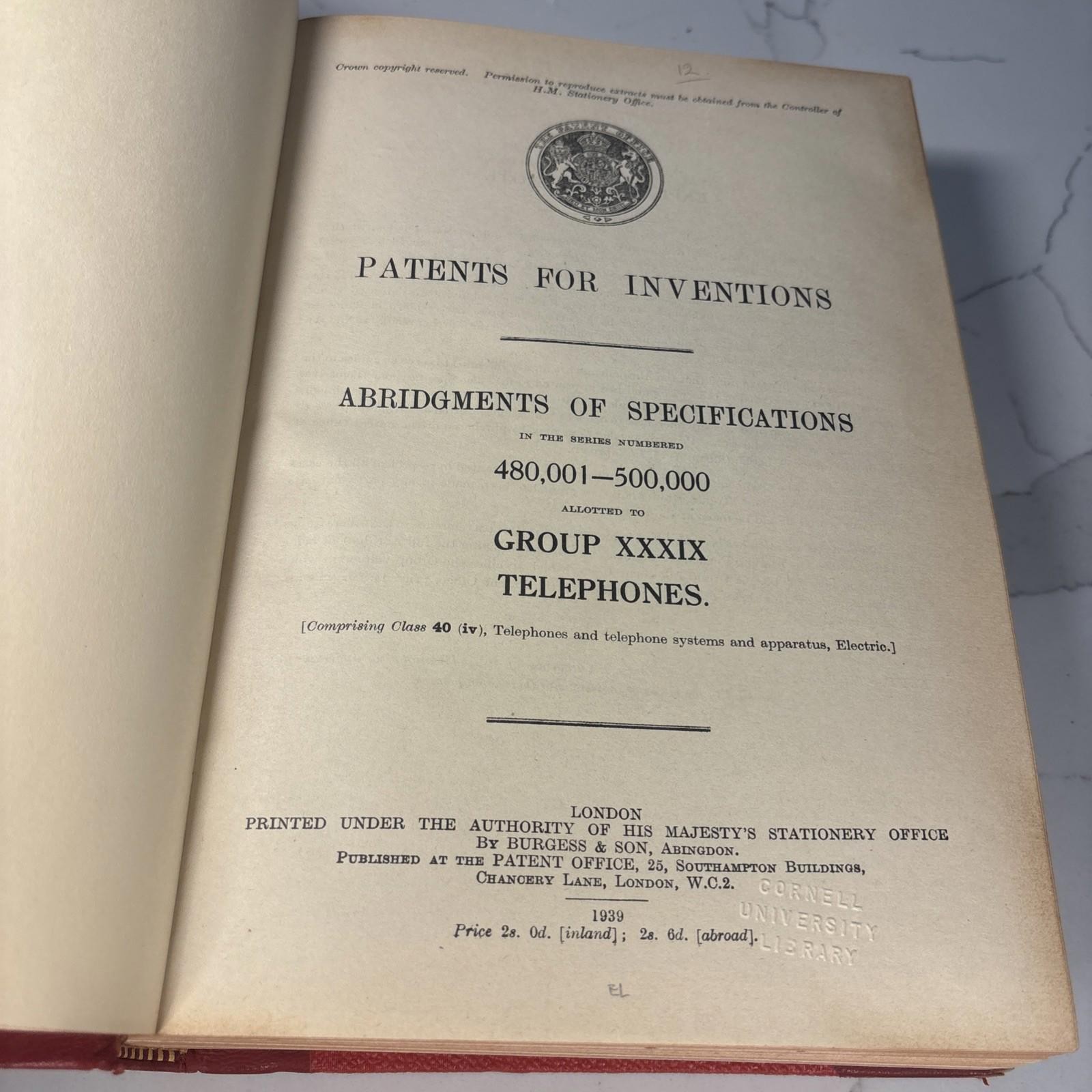 Patents for Inventions: Abridgments of Specifications 1939 Rare Vintag