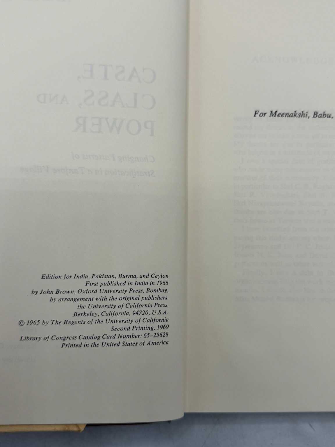 Caste, Class, Power André Béteille 1969 Second Printing Sociology Anthropology