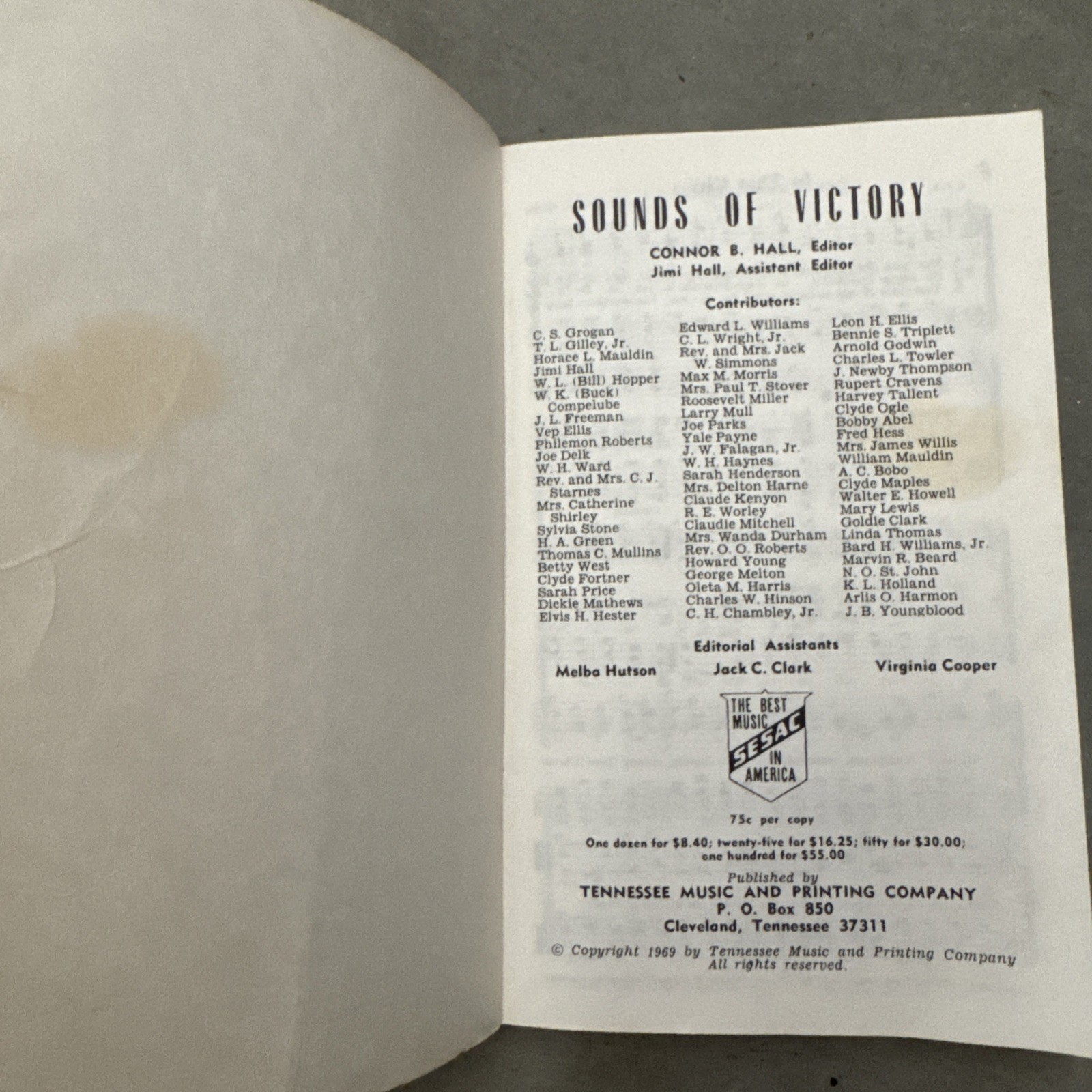 1969 Sounds of Victory Songbook edited by Connor B. Hall Paperback Staple Bound