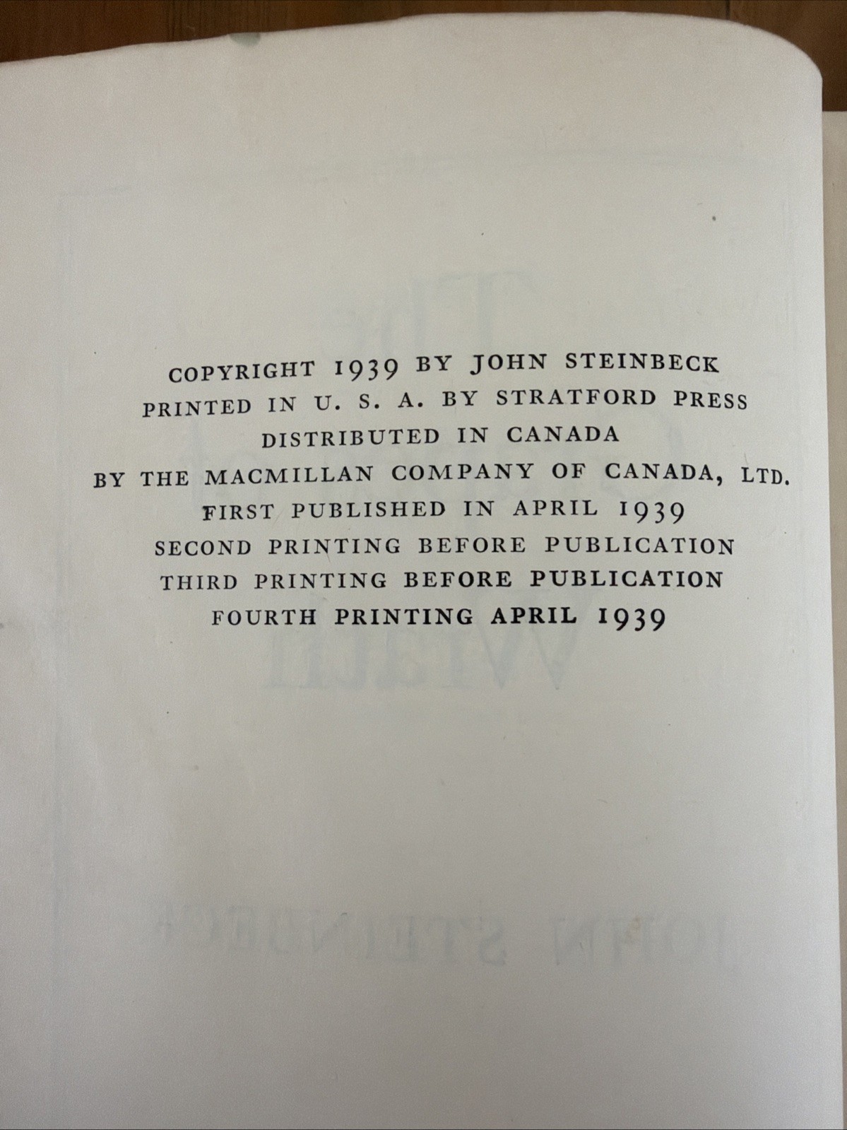 Vintage Book, The Grapes of Wrath, John Steinbeck 1st Edition 1939 4th Printing