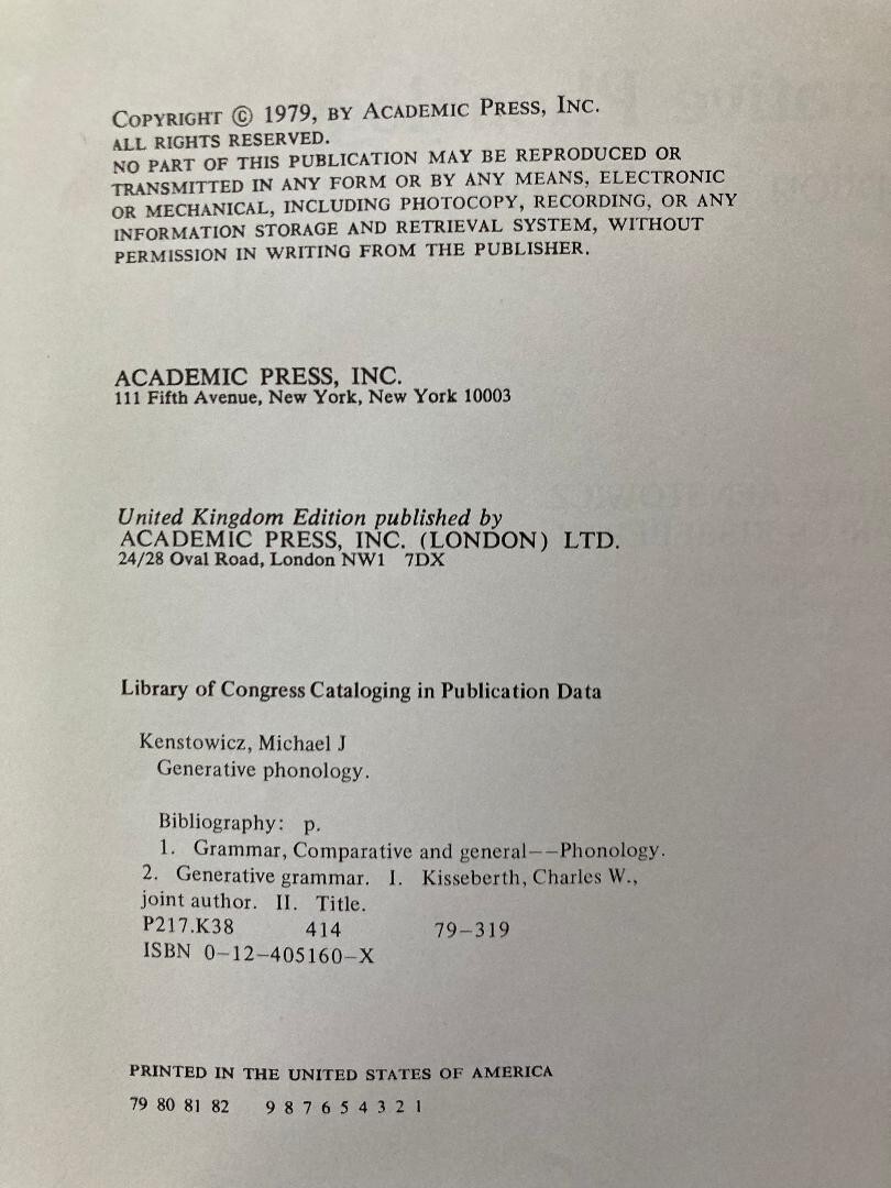 Generative Phonology by Charles Kisseberth and Michael J. Kenstowicz (1979)