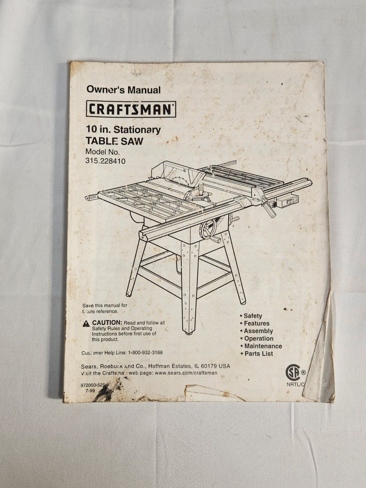 Craftsman 10inch Stationary Table Saw Model No 315.228410 Owners Manual