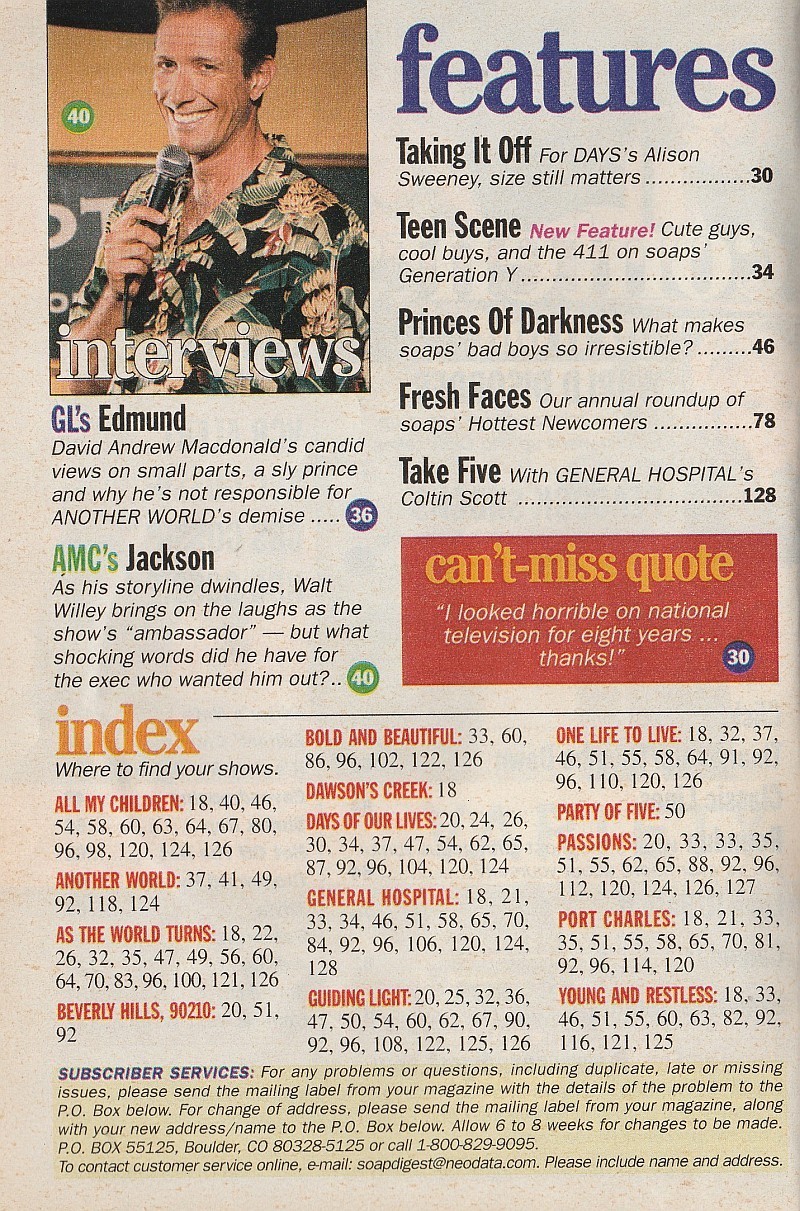 Soap Opera Digest Aug 15, 2000 ALISON SWEENEY-NADIA BJORLIN-HOTTEST NEWCOMERS