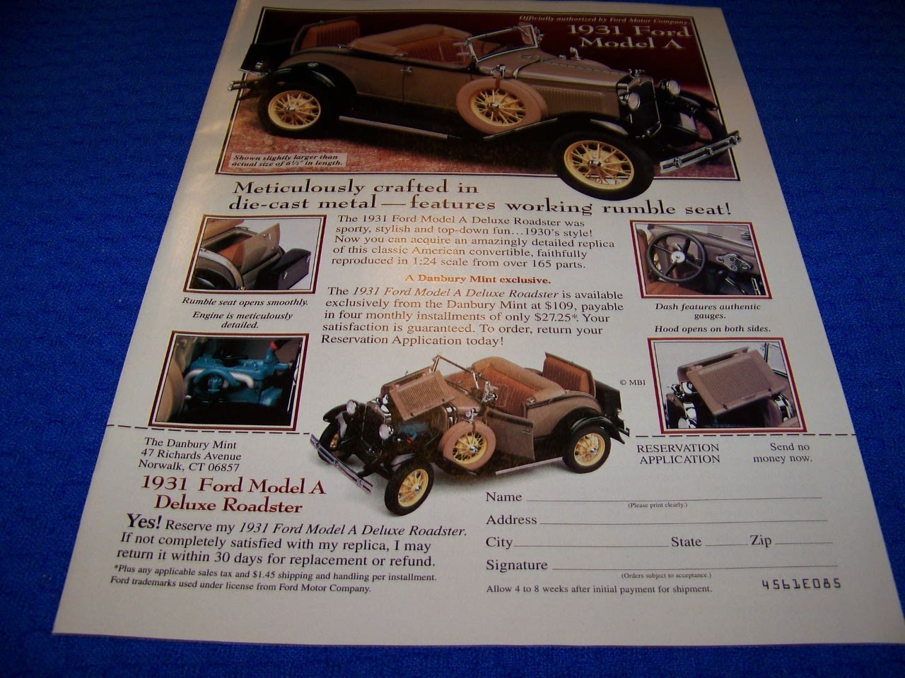 1931 FORD MODEL A (DANBURY MINT)..1-PAGE SALES AD..RARE! (528PP)