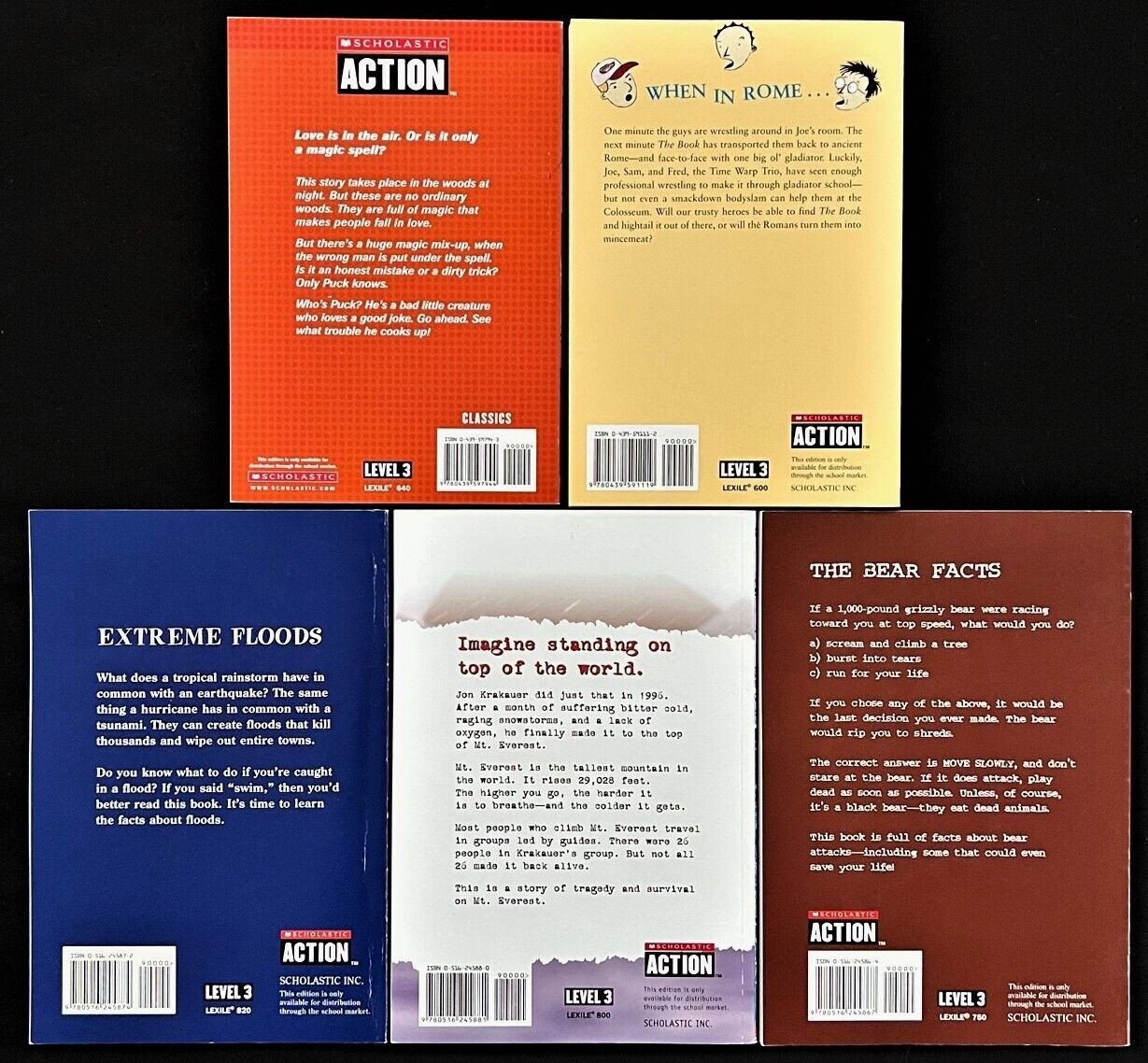 6th and Up – Scholastic ACTION – LEVEL 3 (5 books) for STRUGGLING READERS
