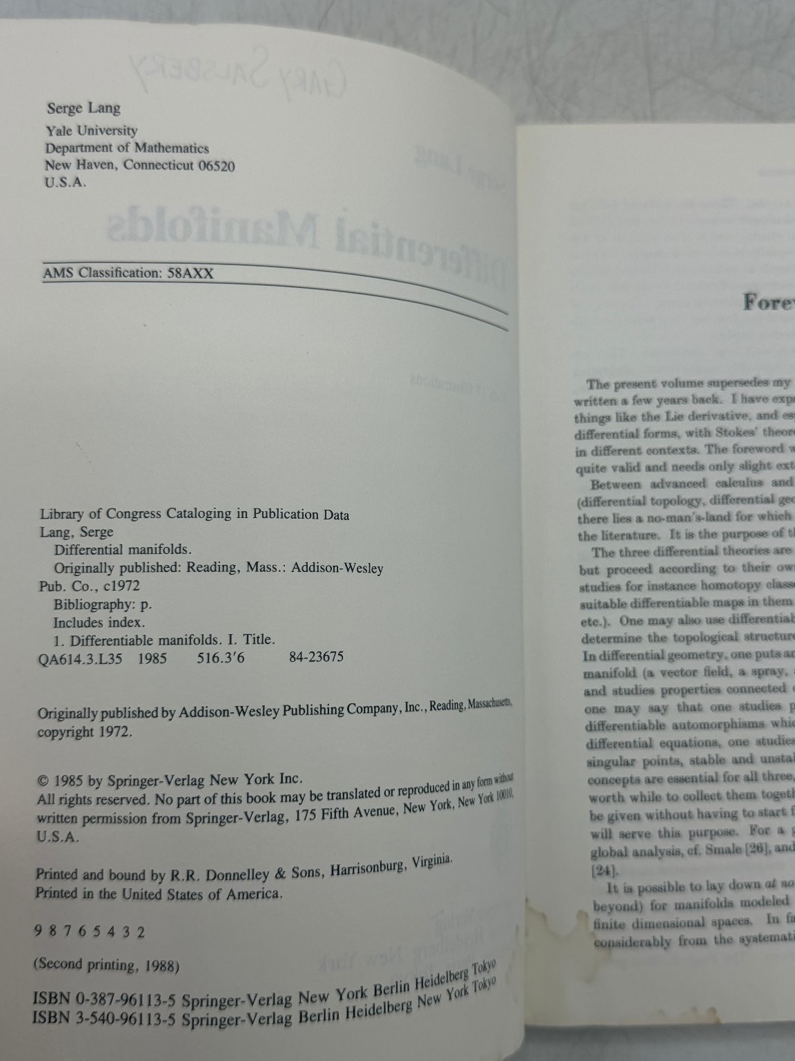 Differential Manifolds Serge Lang 1988 Second Printing Mathematics