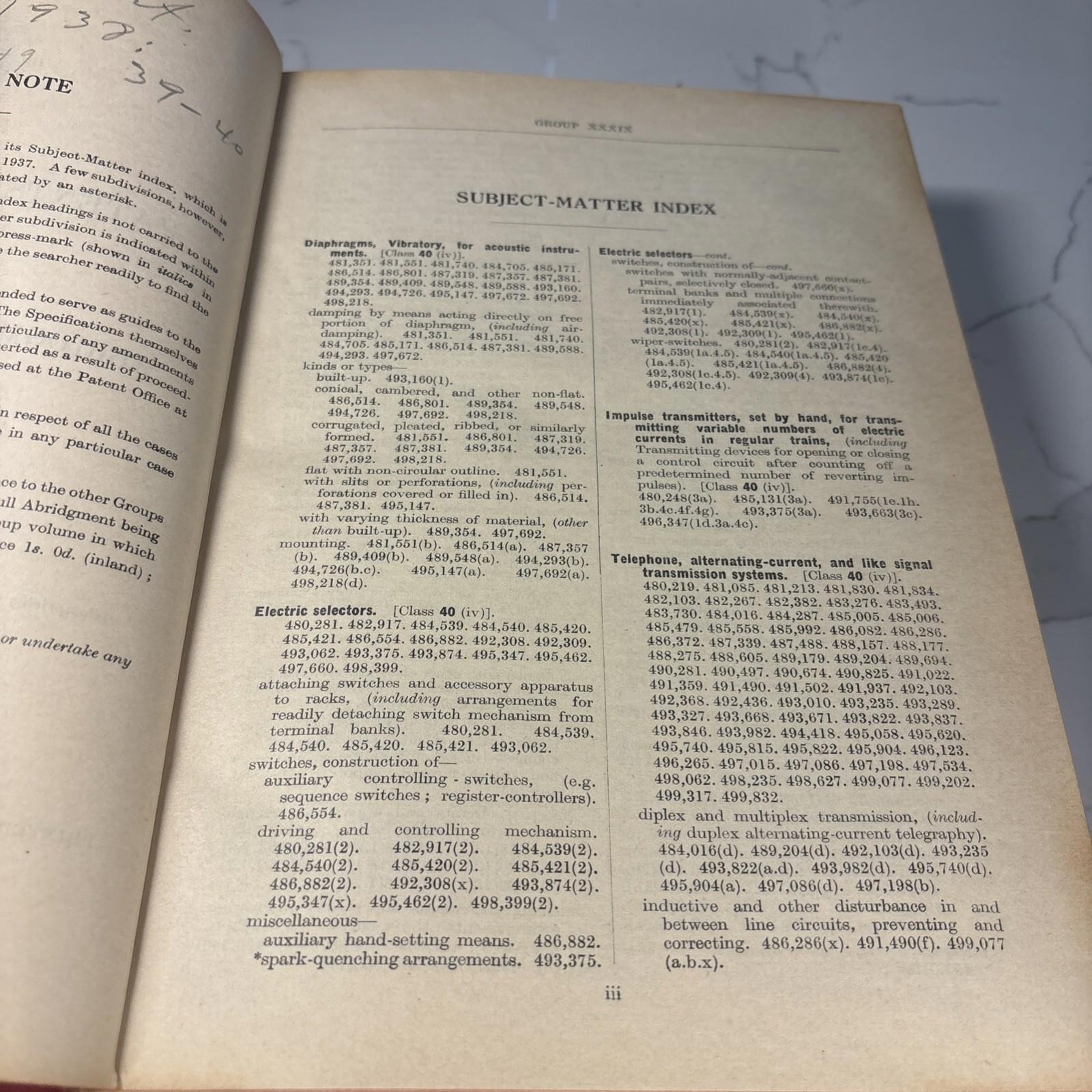 Patents for Inventions: Abridgments of Specifications 1939 Rare Vintag