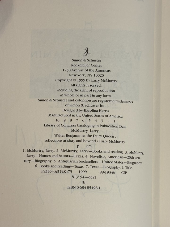 Signed — Walter Benjamin at the Dairy Queen — Larry McMurtry — 1st/1st — HCDJ NF