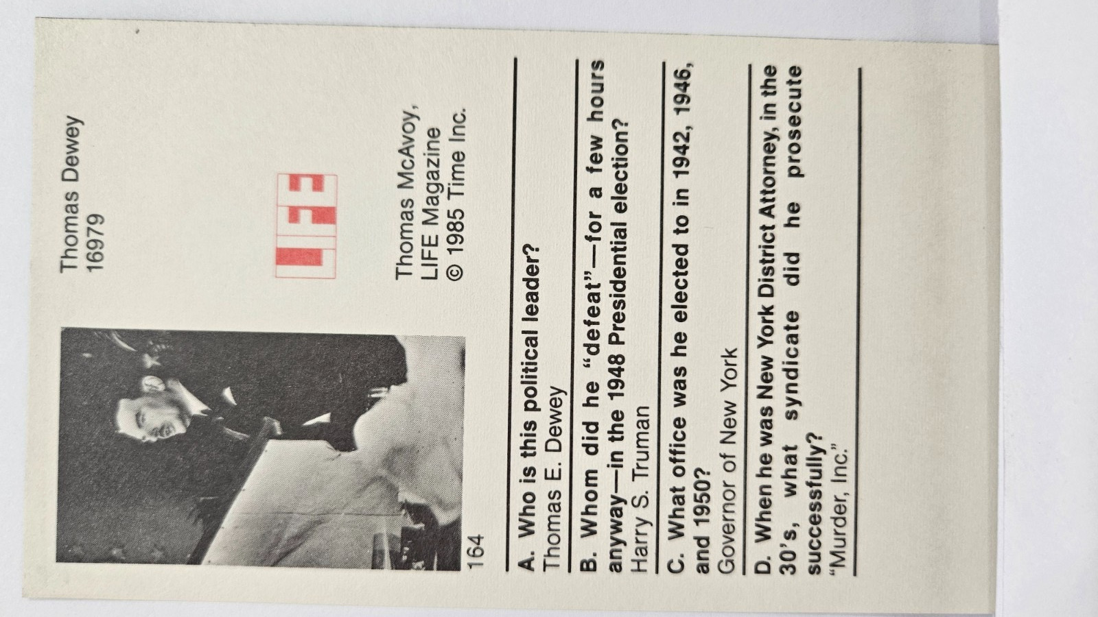 1985 LIFE Magazine Thomas Dewey Election Political Paper Card 4.75×2.75