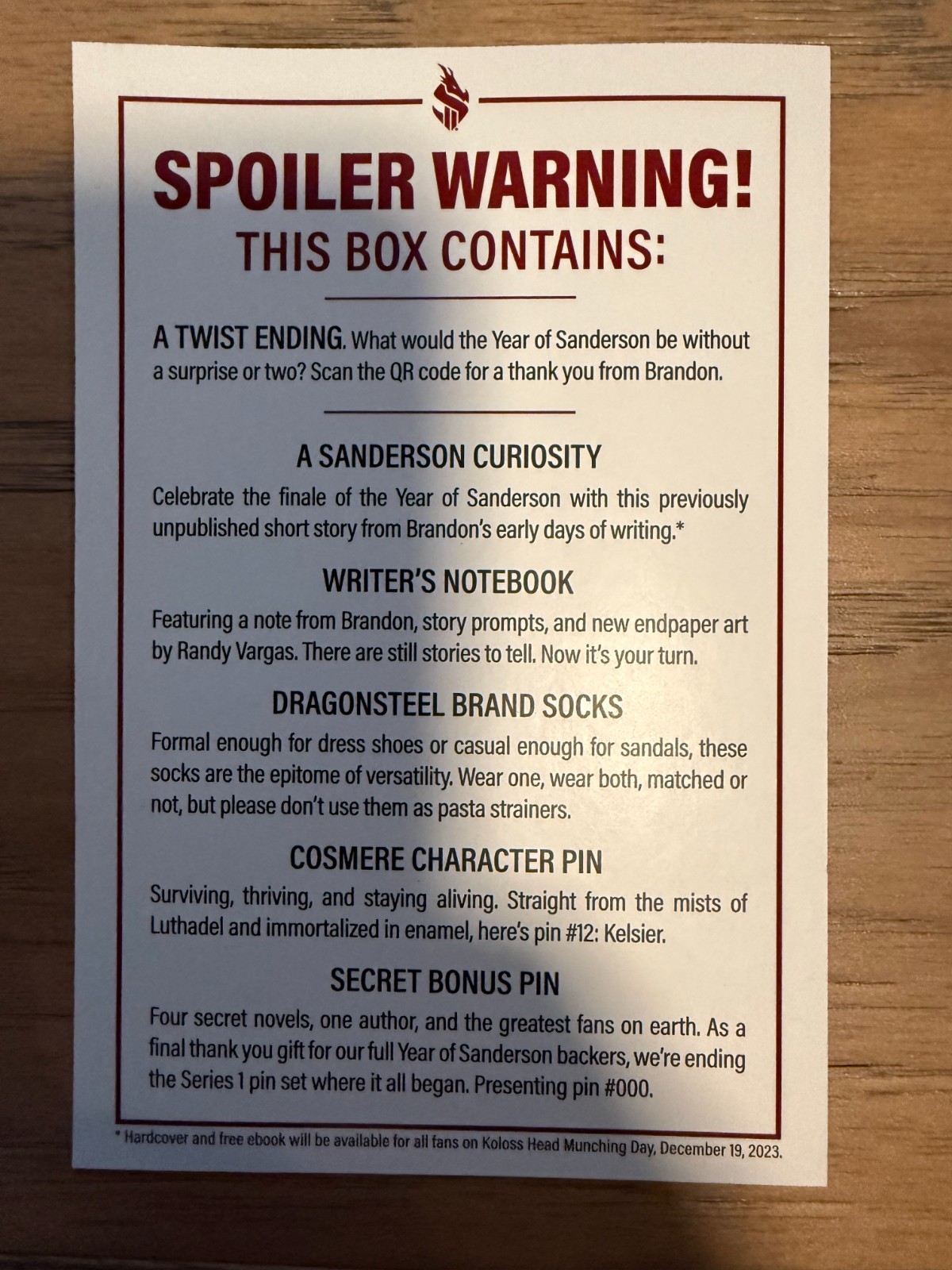 Year of Brandon Sanderson Sanderson Swag Box Dragonsteel Kickstarter With Pins